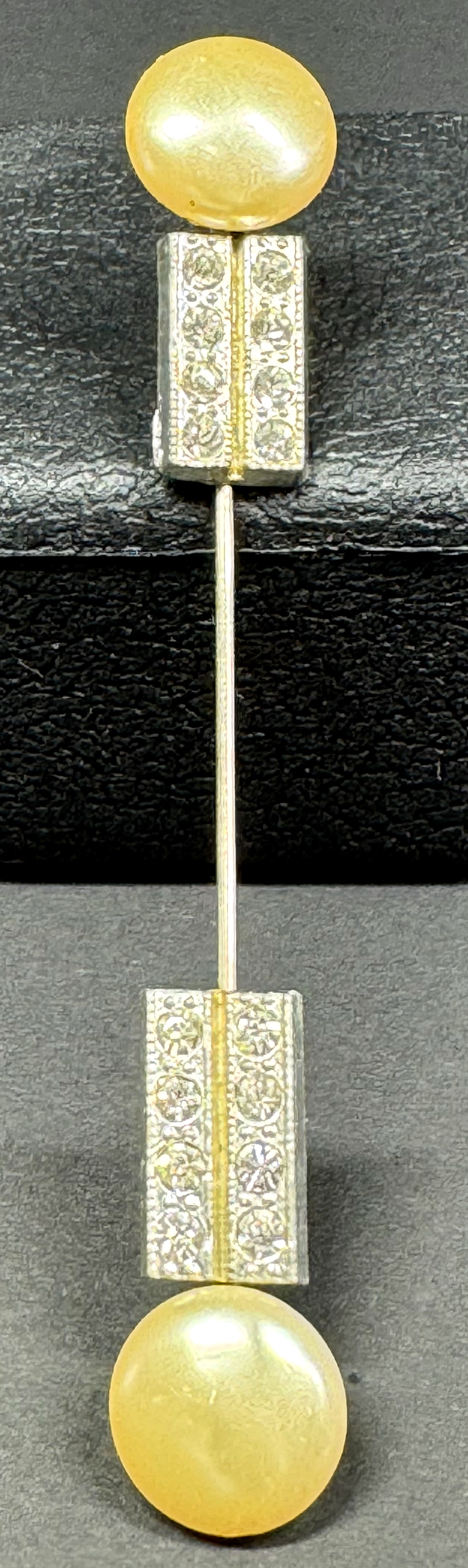 Antique art deco faux pearls encrusted clear crystals pot metal jabot pin. (1 of 5)