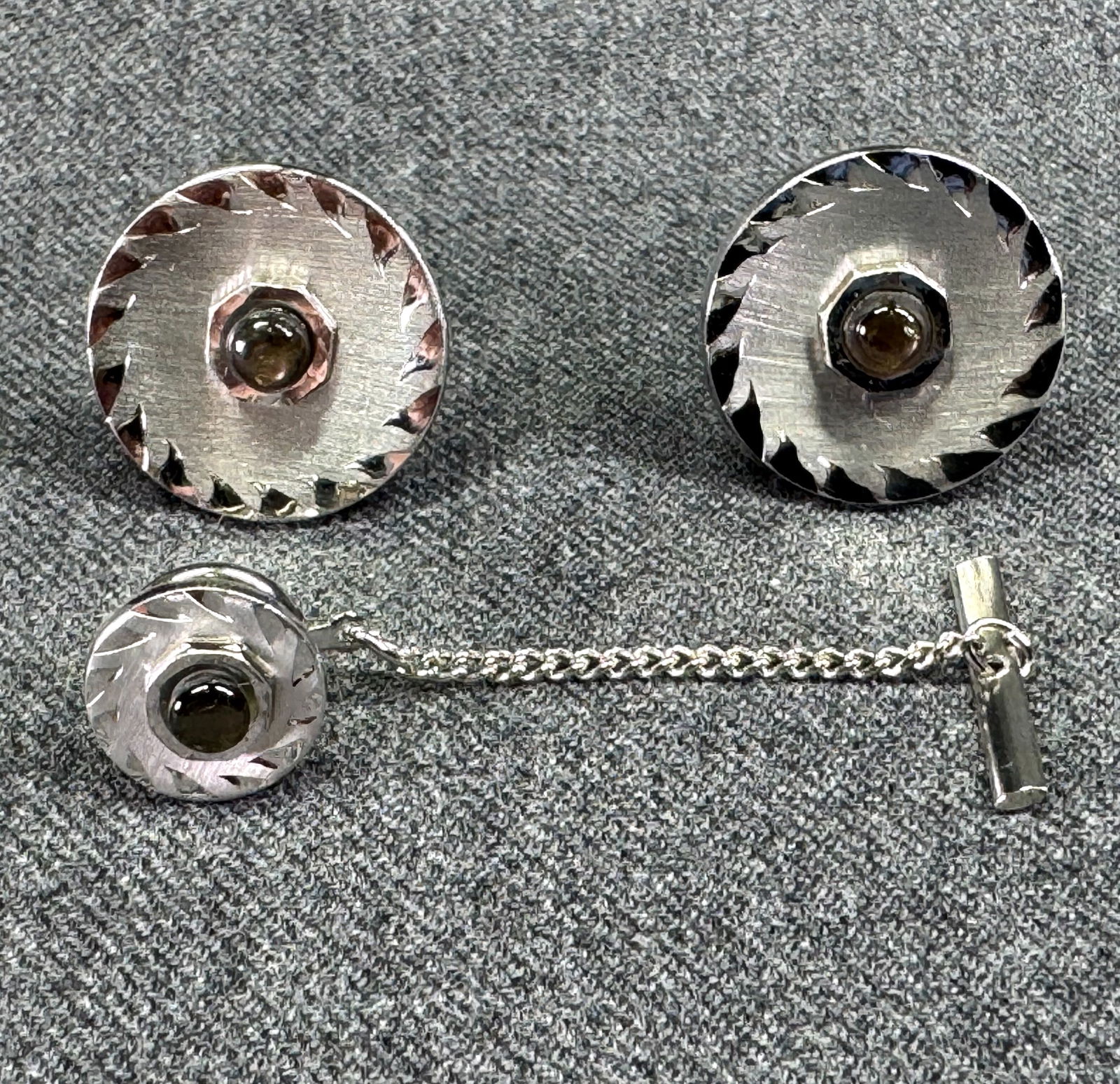 Vintage modernist PRK brownish MOP bead sterling silver cufflinks and tie tack pin (1 of 8)