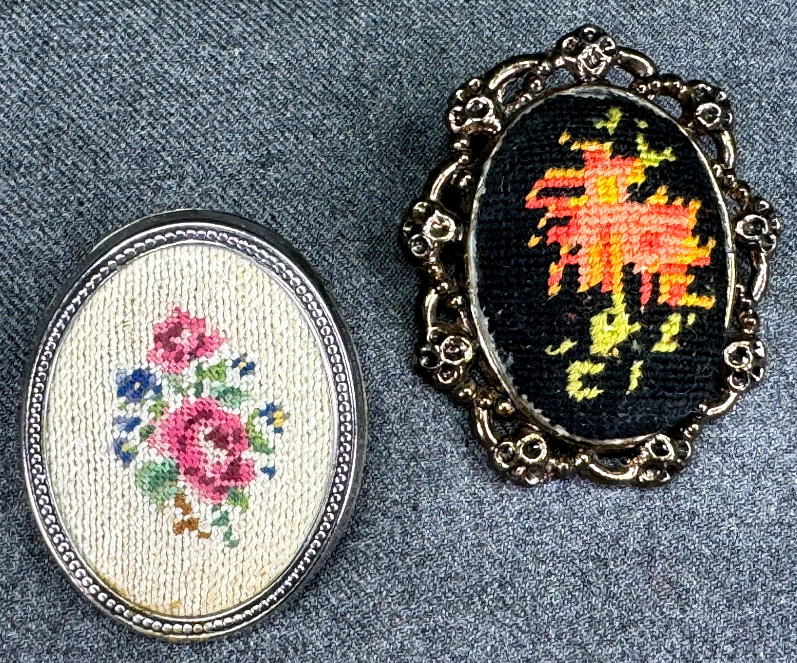 Vintage assorted hand embroidery needlepoint petit point flowers set in metal pin brooches (1 of 7)