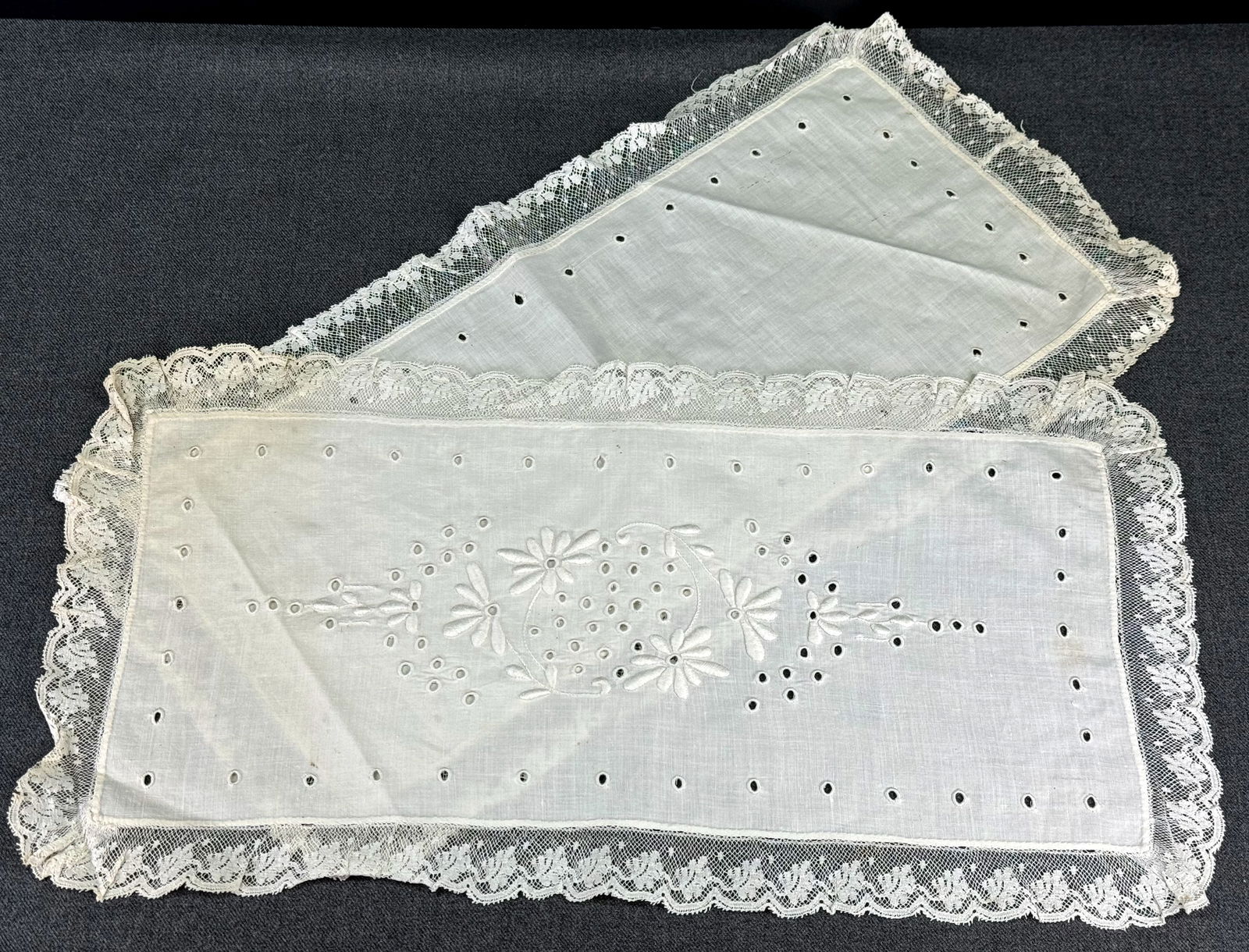 Vintage hand embroidery flowers & leaves eyelet lace baby pillow cover front & back (1 of 8)