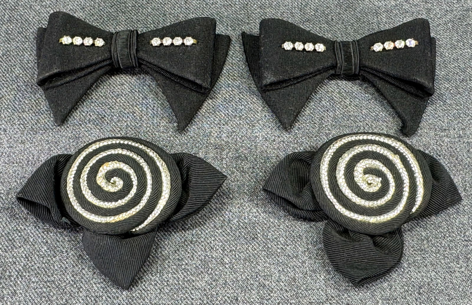 Vintage black fabric clear rhinestones bow & metallic silver trim flower shoe clips.: Vintage black fabric clear rhinestones bow & metallic silver trim flower shoe clips. For measures please refer to the pictures taken with a measuring tape. Weight: 10 Grams. This is a NO RESERVE AUCTI