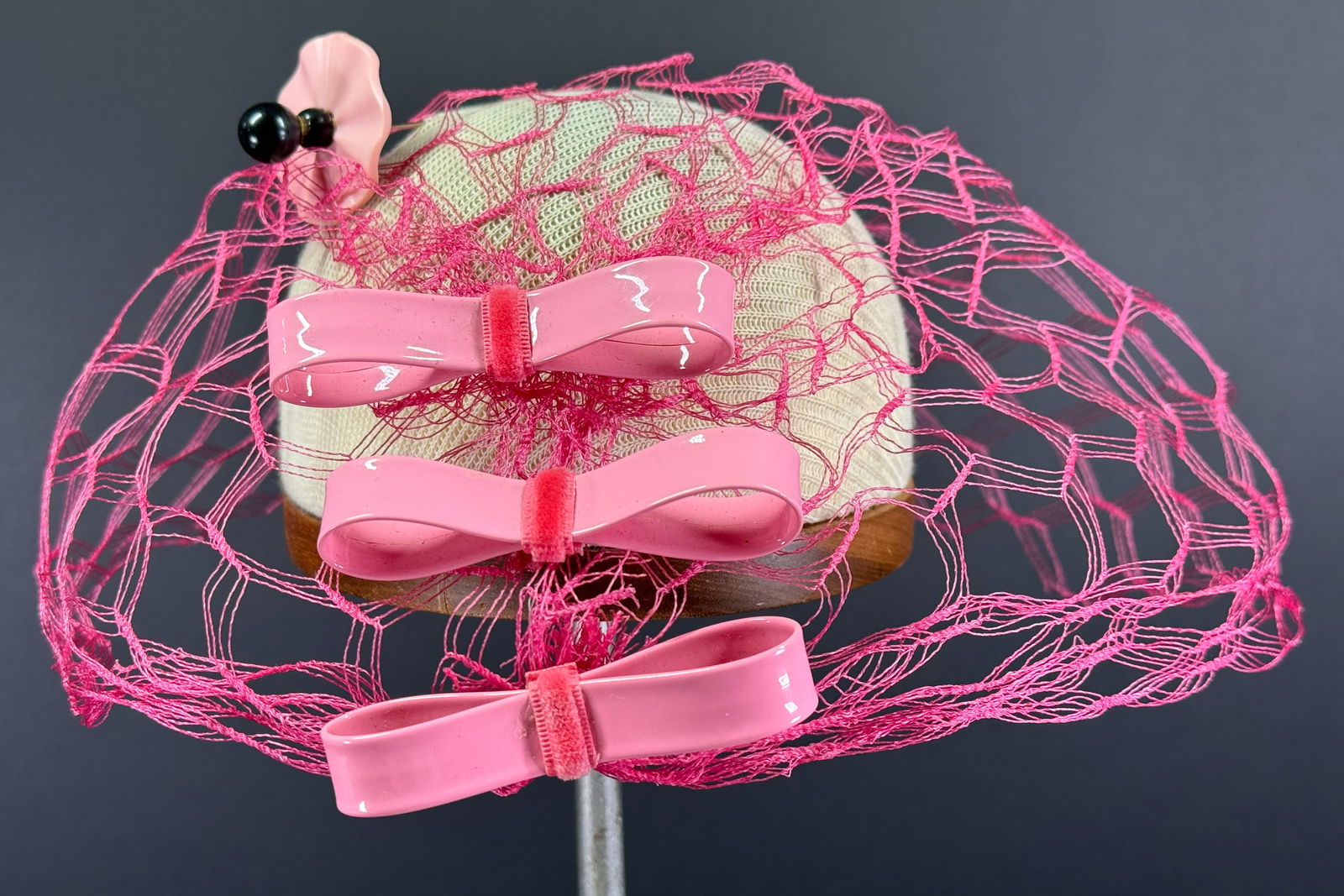 Vintage velvet stripe vinyl bows, pink net hat & plastic flower hatpin . (1 of 10)