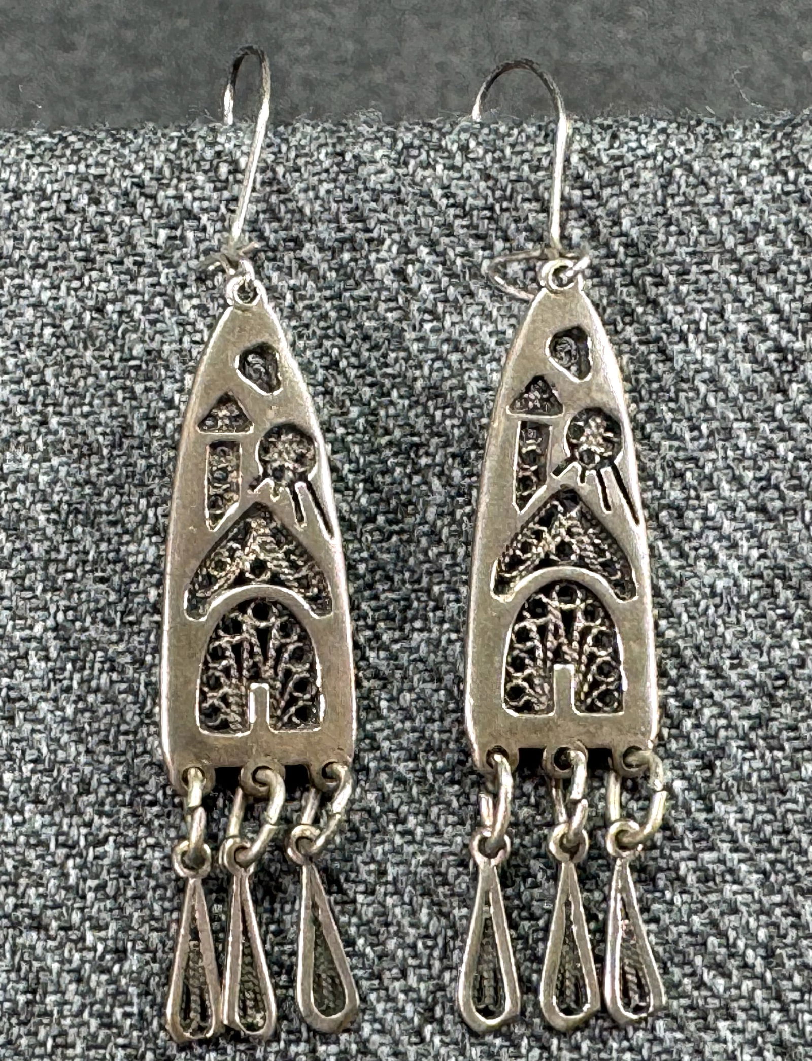 Vintage filigree house, sun & cloud sterling silver hook earrings with dangles (1 of 7)