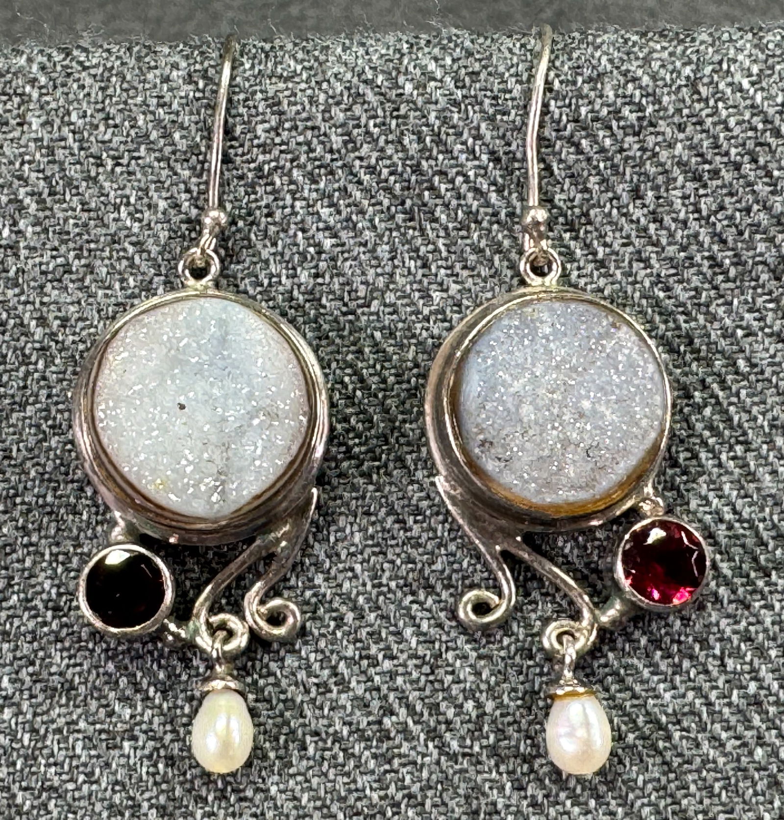 Vintage artsy druzy agate, faceted garnet & baroque pearl sterling silver hook earrings (1 of 7)