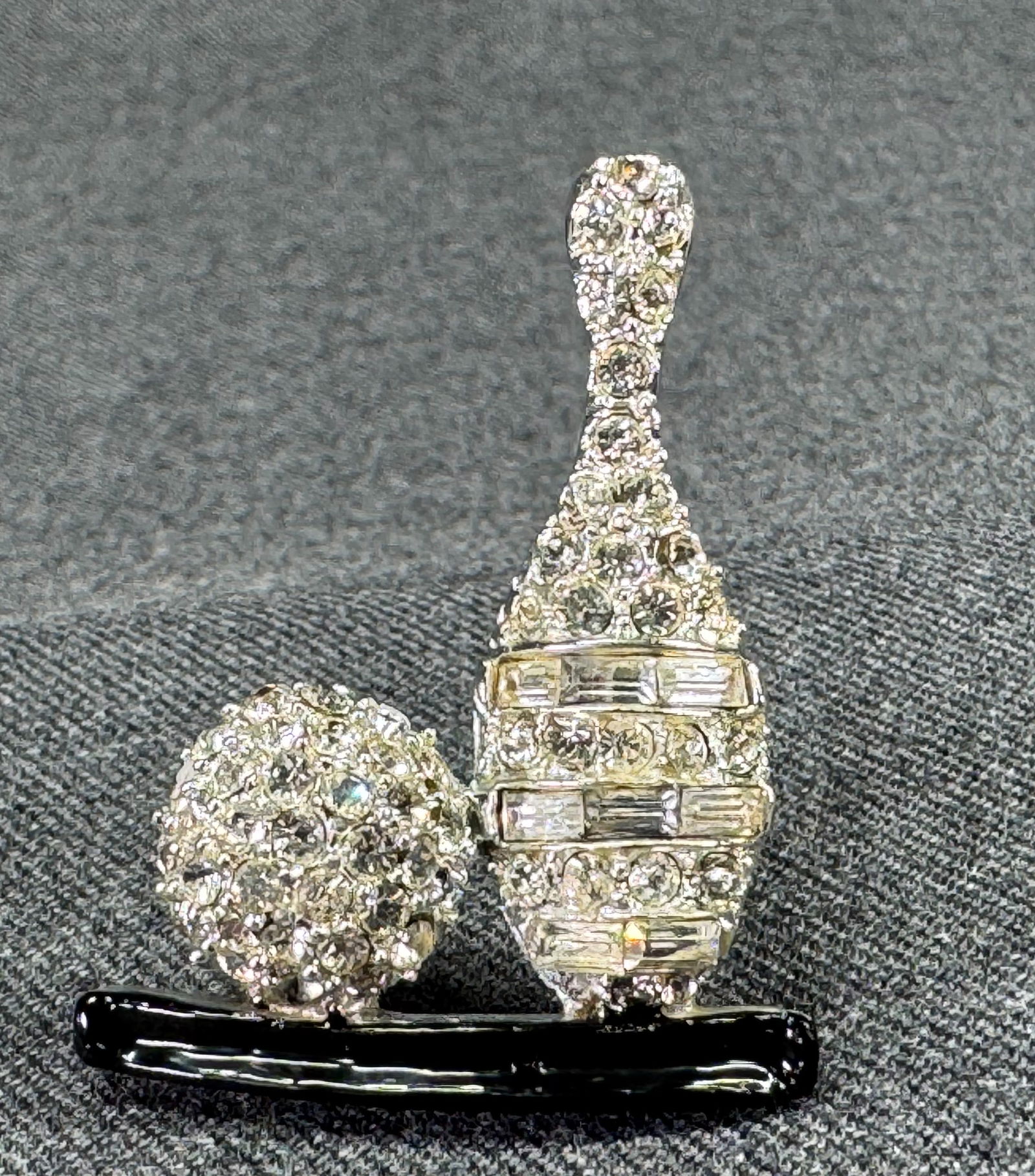 Vintage art deco style clear crystal black enamel silvertoned bowling days brooch pin (1 of 5)
