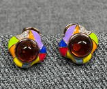 Harlequin House of Amber Collection amber cab, crystals, enamel gilt sterling stud earrings