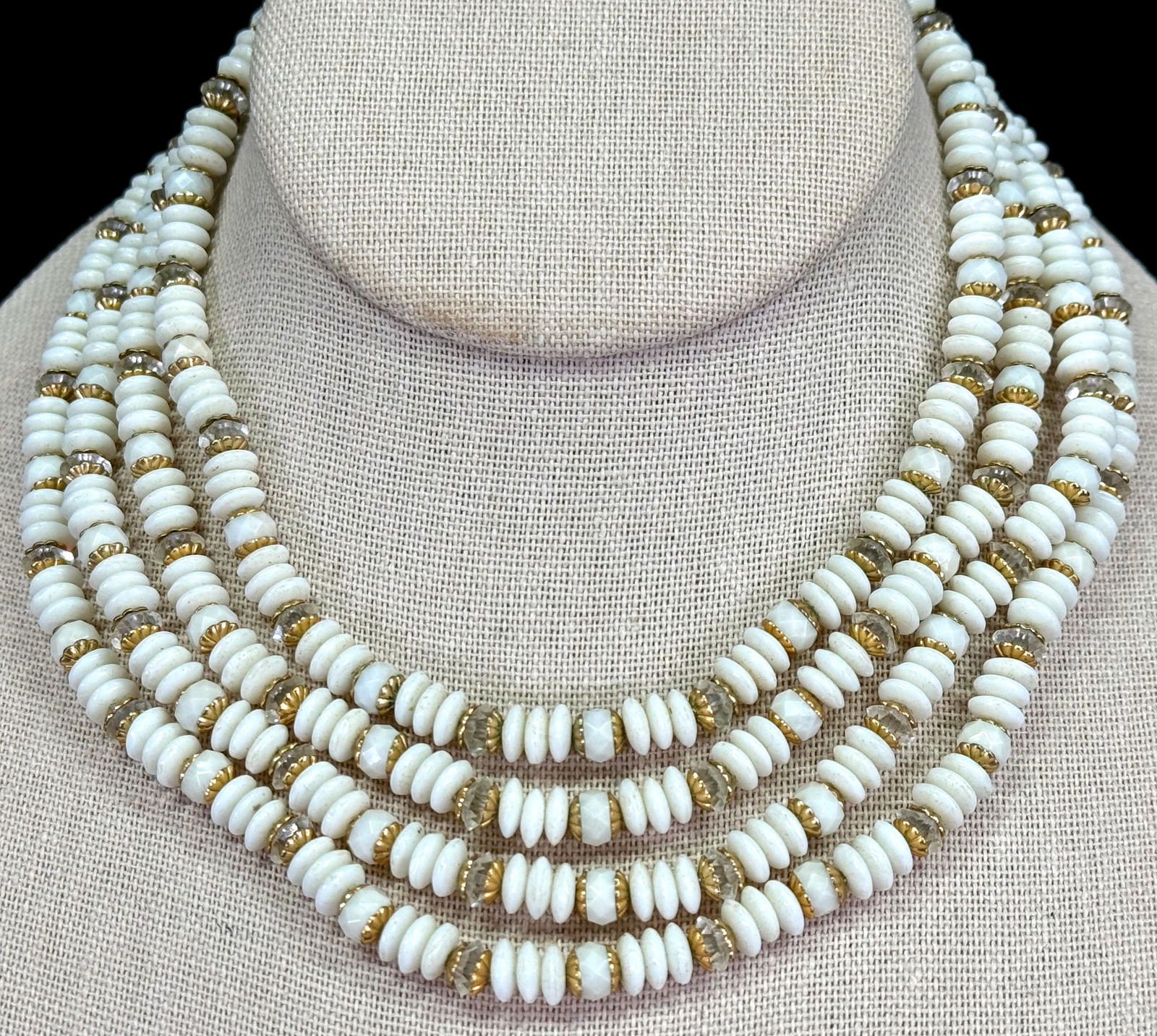 Vintage milky white glass, clear & filigree golden beaded 4 strands choker necklace. (1 of 9)