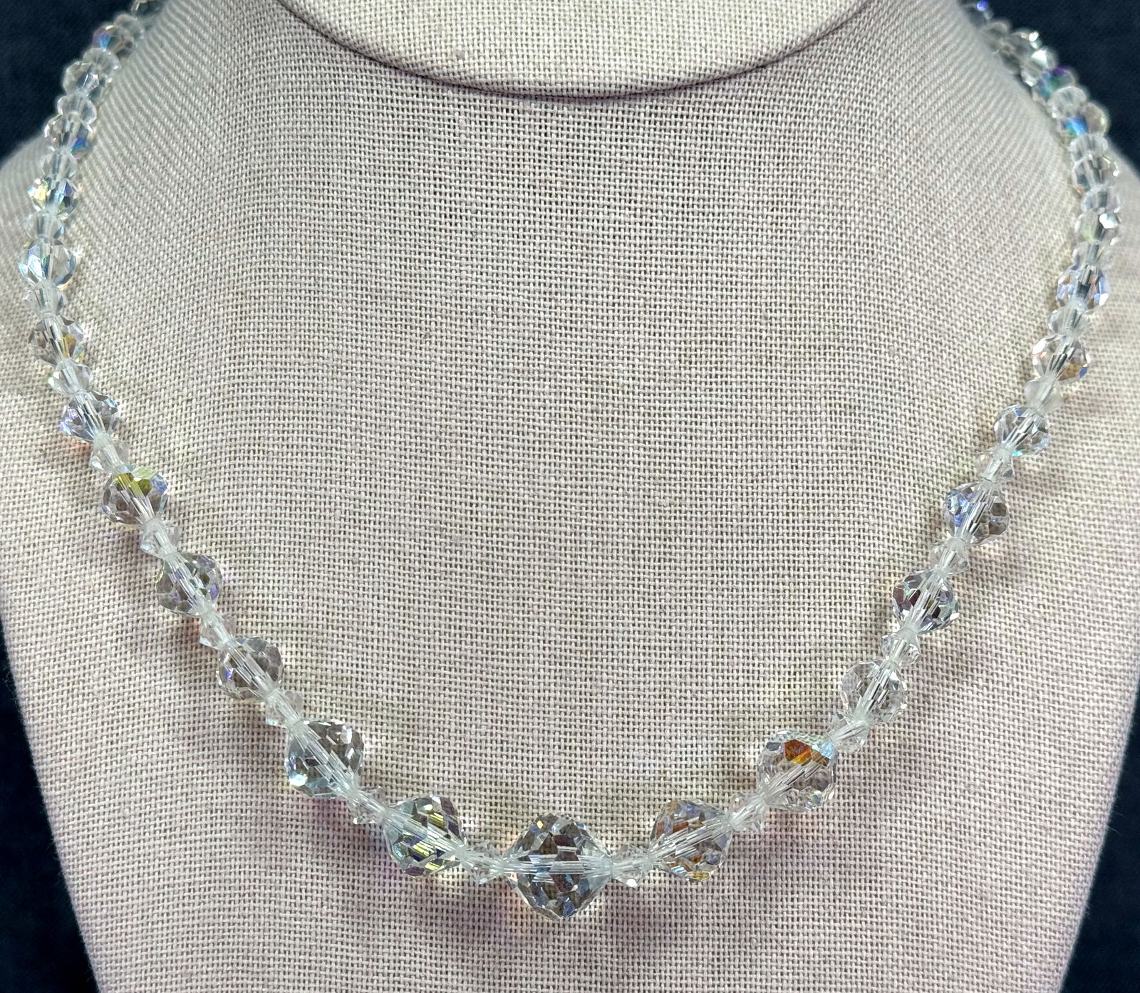 Vintage faceted AB clear crystals beaded necklace with filigree goldtoned clasp (1 of 6)