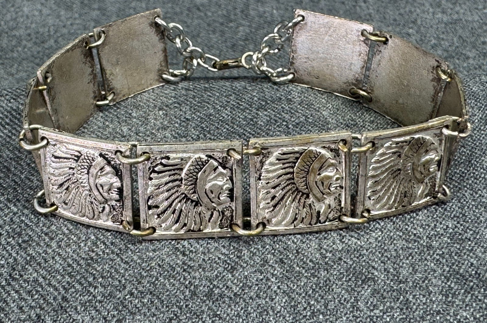 Vintage black accents silvertone metal indian chief head panels bracelet (1 of 9)