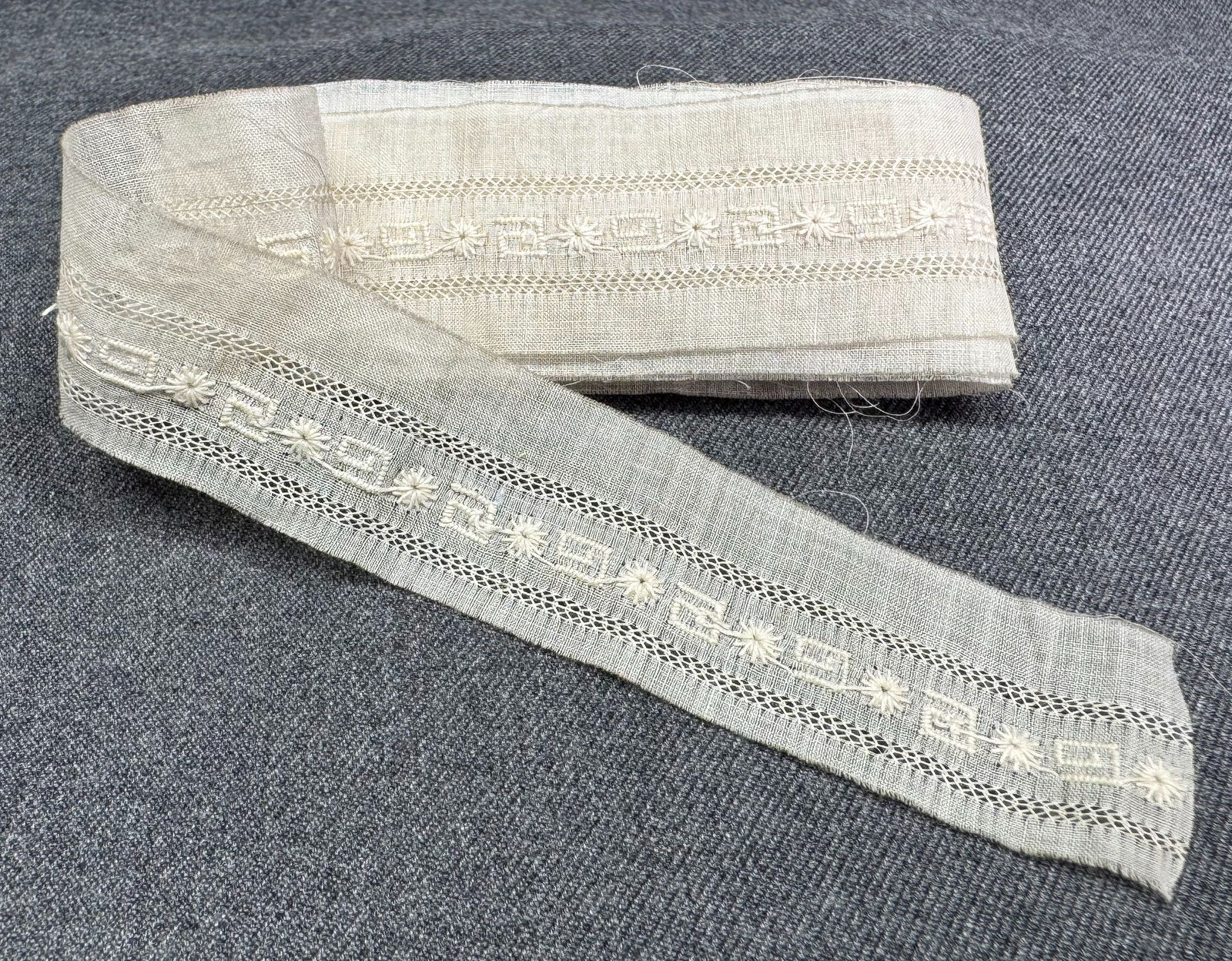 Vintage embroidery fabric lace trim. It measures 2 1/4 yards: Vintage embroidery fabric lace trim. It measures approx 2 1/4 yards. For measures please refer to the pictures taken with a measuring tape. IN HOUSE Estimated* SHIPPING & HANDLING COST WITHIN THE U.S.