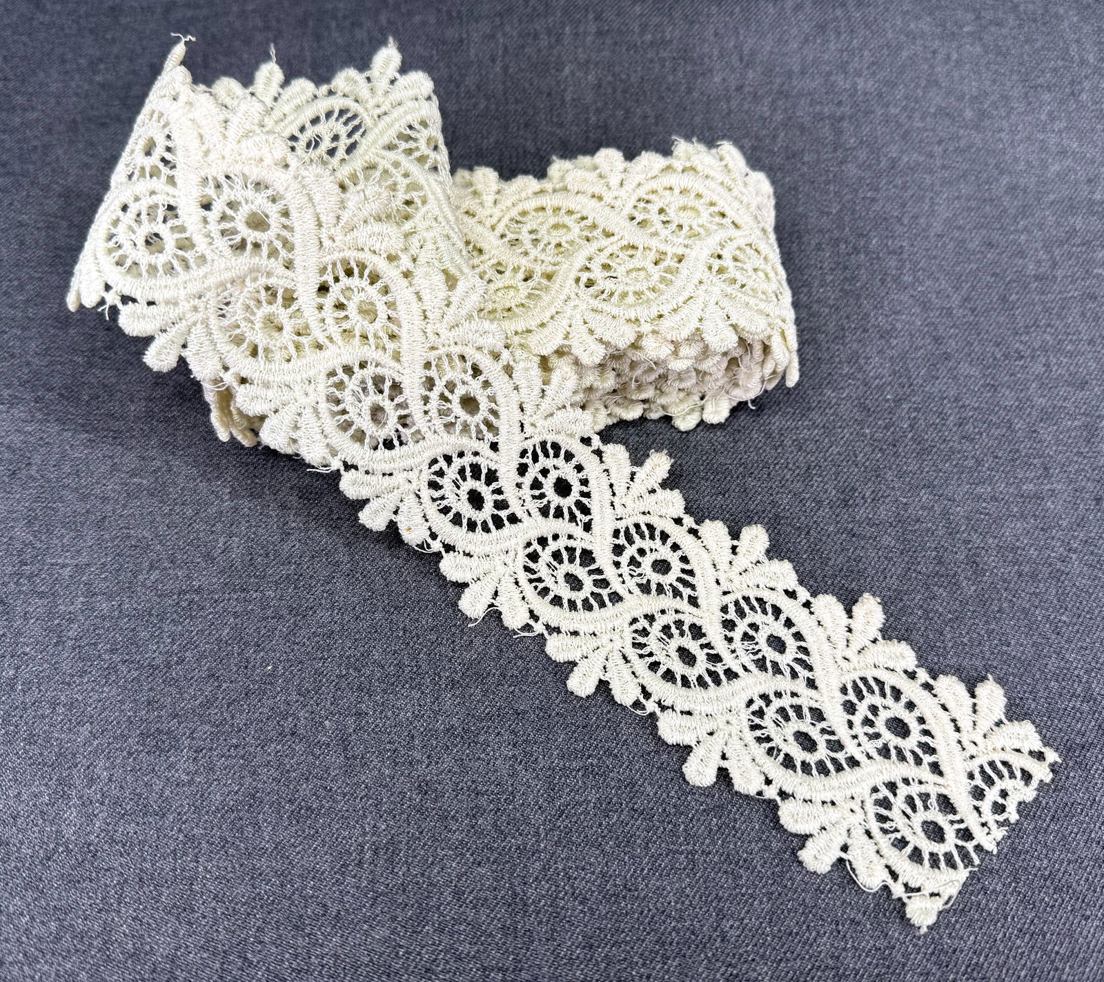 Vintage lace trim: Vintage lace trim. It measures. It measures 1 3/4 yards long. For measures please refer to the pictures taken with a measuring tape. Weight: 27 Grams. IN HOUSE Estimated* SHIPPING & HANDLING COST WITH
