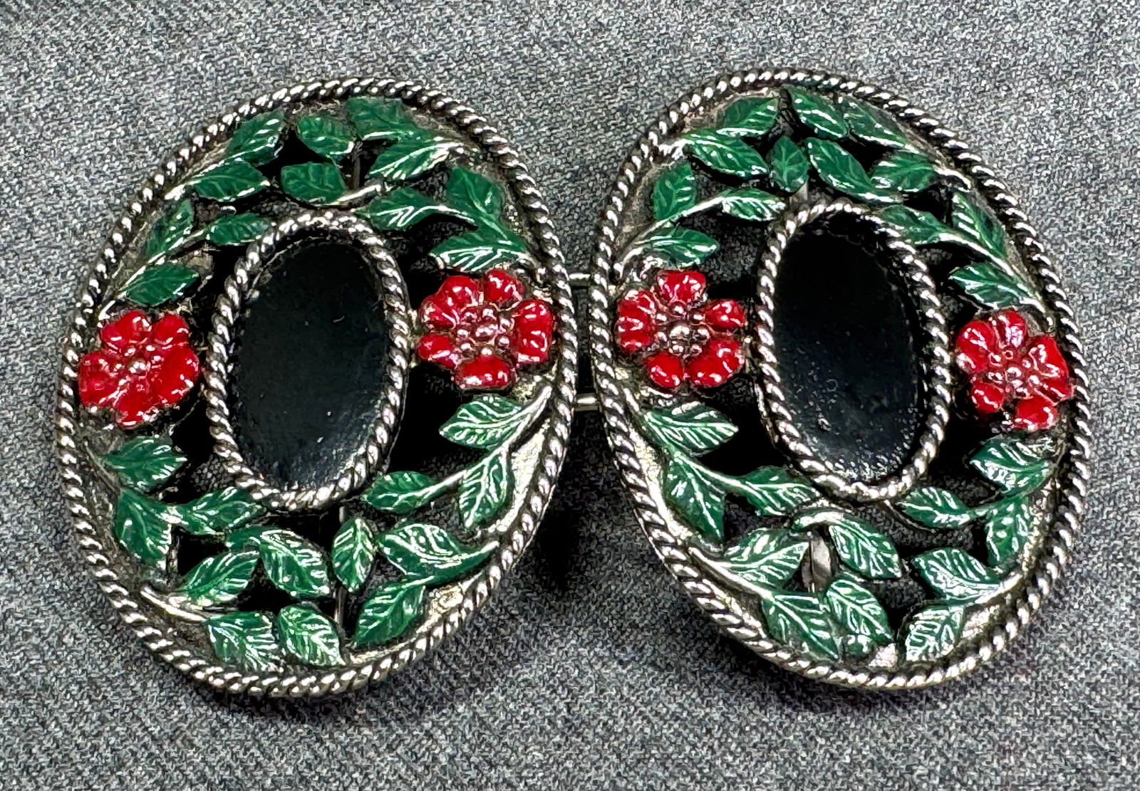 Vintage  color enamel flowers & leaves silvertone belt buckle (1 of 7)