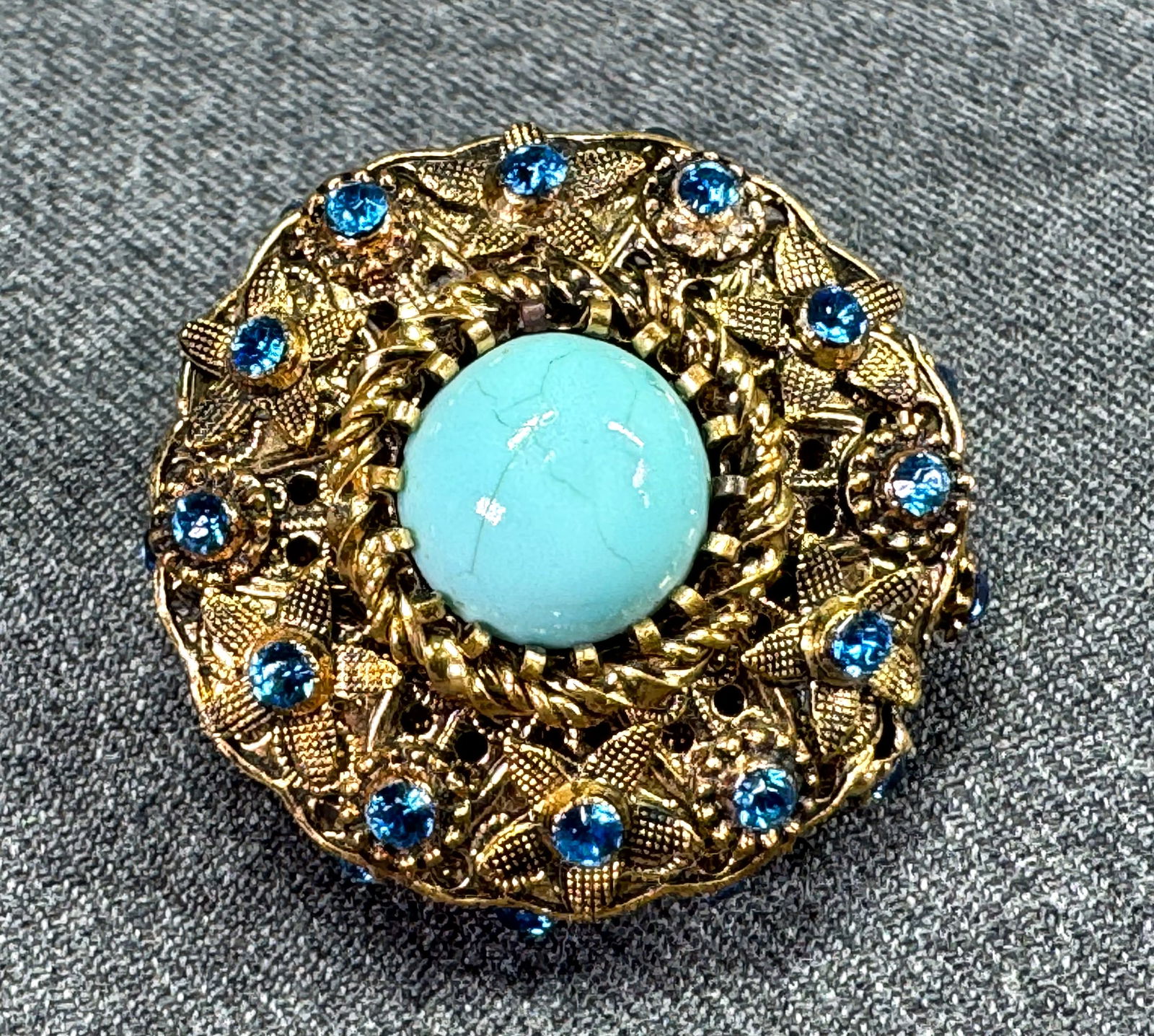 Vintage Austrian jeweled glass cab & blue crystals filigree flower brooch pin (1 of 7)