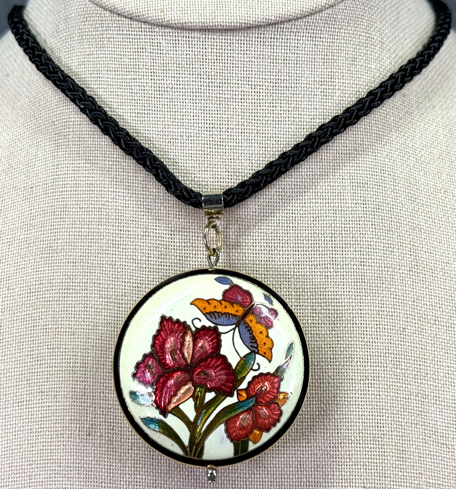 Vintage double sided cloisonne enamel butterfly & flowers pendant with rope strap necklace (1 of 5)