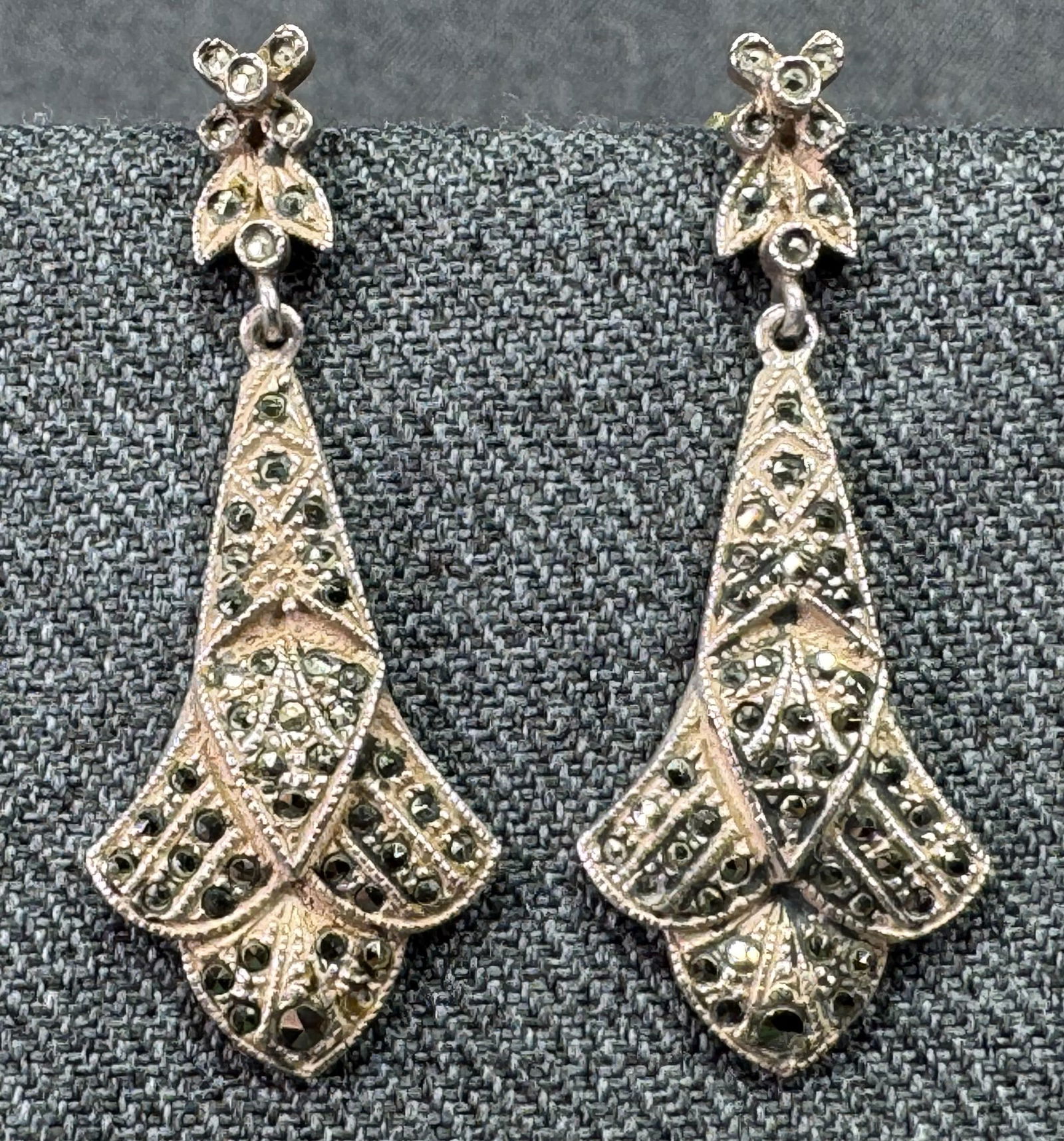 Vintage art deco style Judith Jack marcasites sterling drop stud earrings (1 of 7)