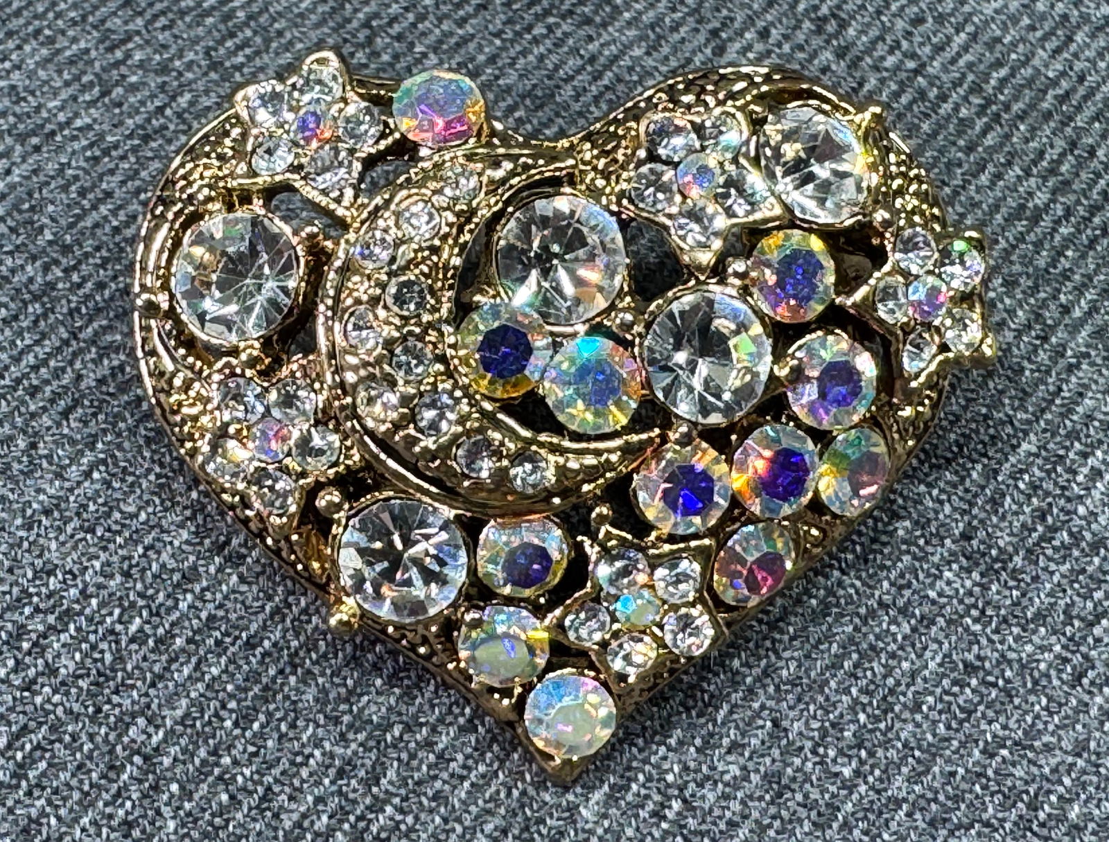 Vintage ab crystals crescent moon flowers heart shaped brooch pin pendant (1 of 6)