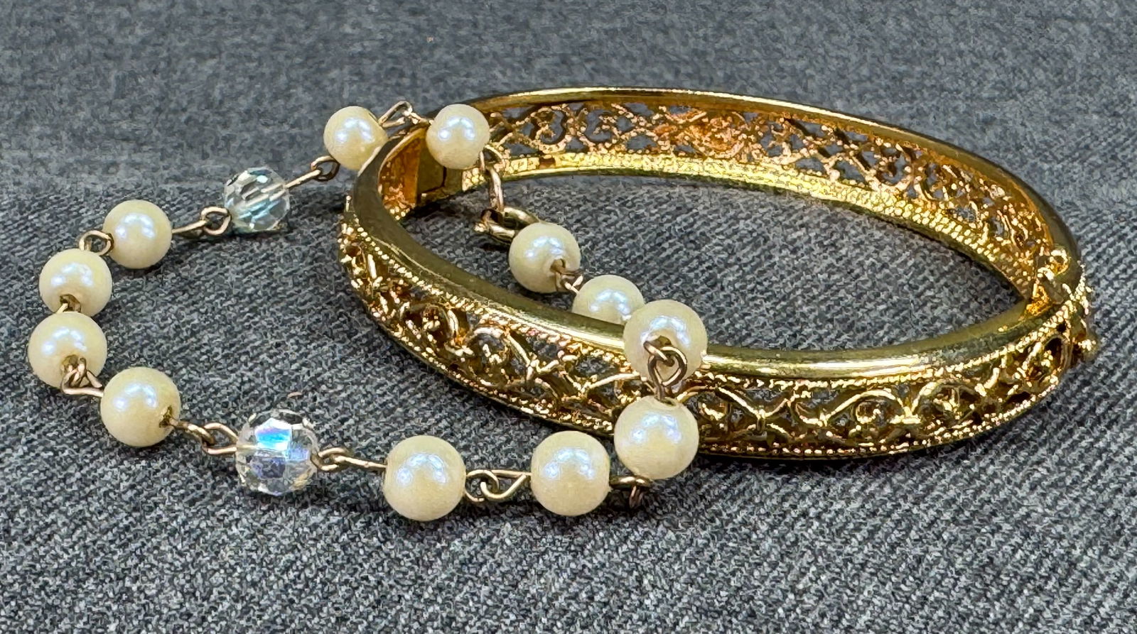 Vintage Avon OS filigree hinged & baroque pearls / ab crystals beads 12K gold-filled bracelet (1 of 12)