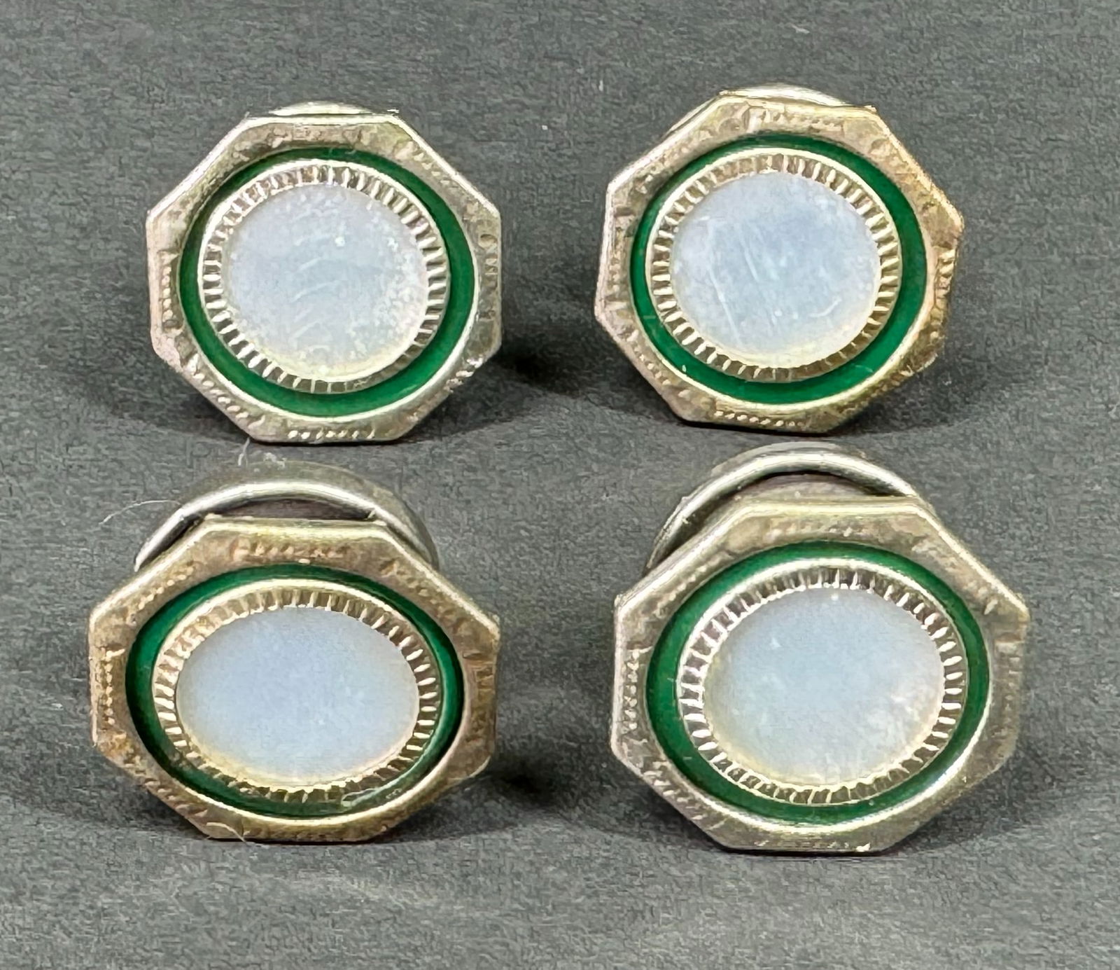 Vintage art deco double sided MOP green celluloid silvertone metal snap link cufflinks. (1 of 5)