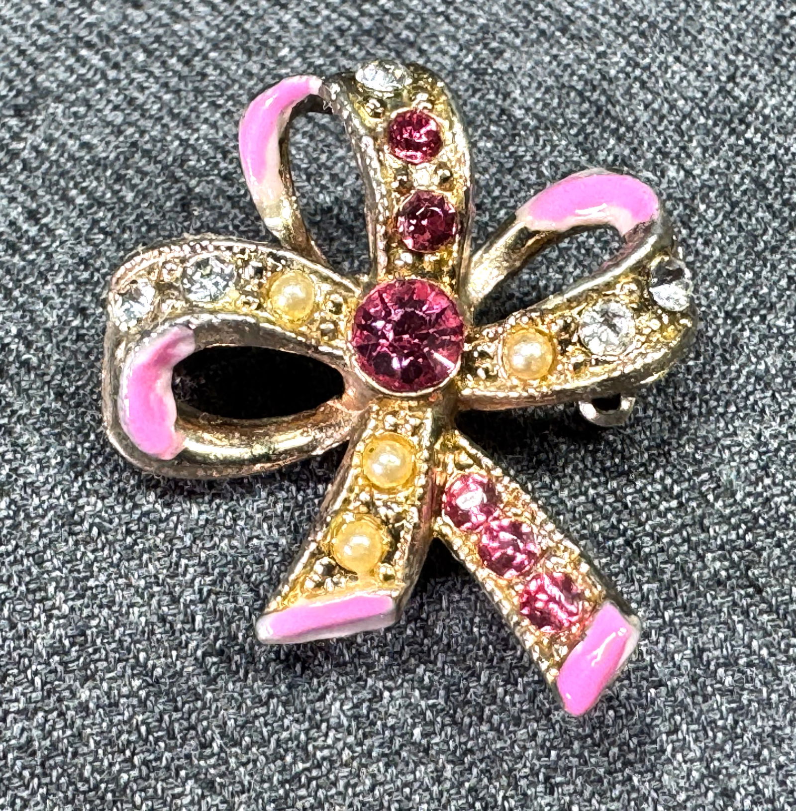 Vintage pearly beads, rhinestones rose enamel golden pot metal ribbons in bow flower pin brooch (1 of 6)