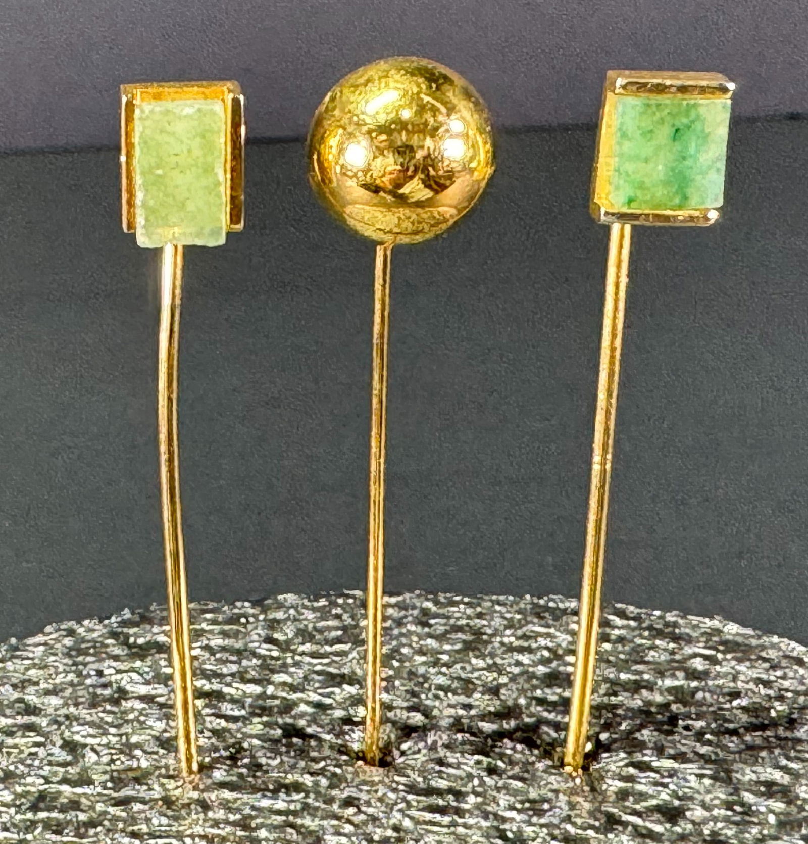 Vintage assorted goldtone metal green jade and dome dot stick pins. Lot of 3 . (1 of 9)