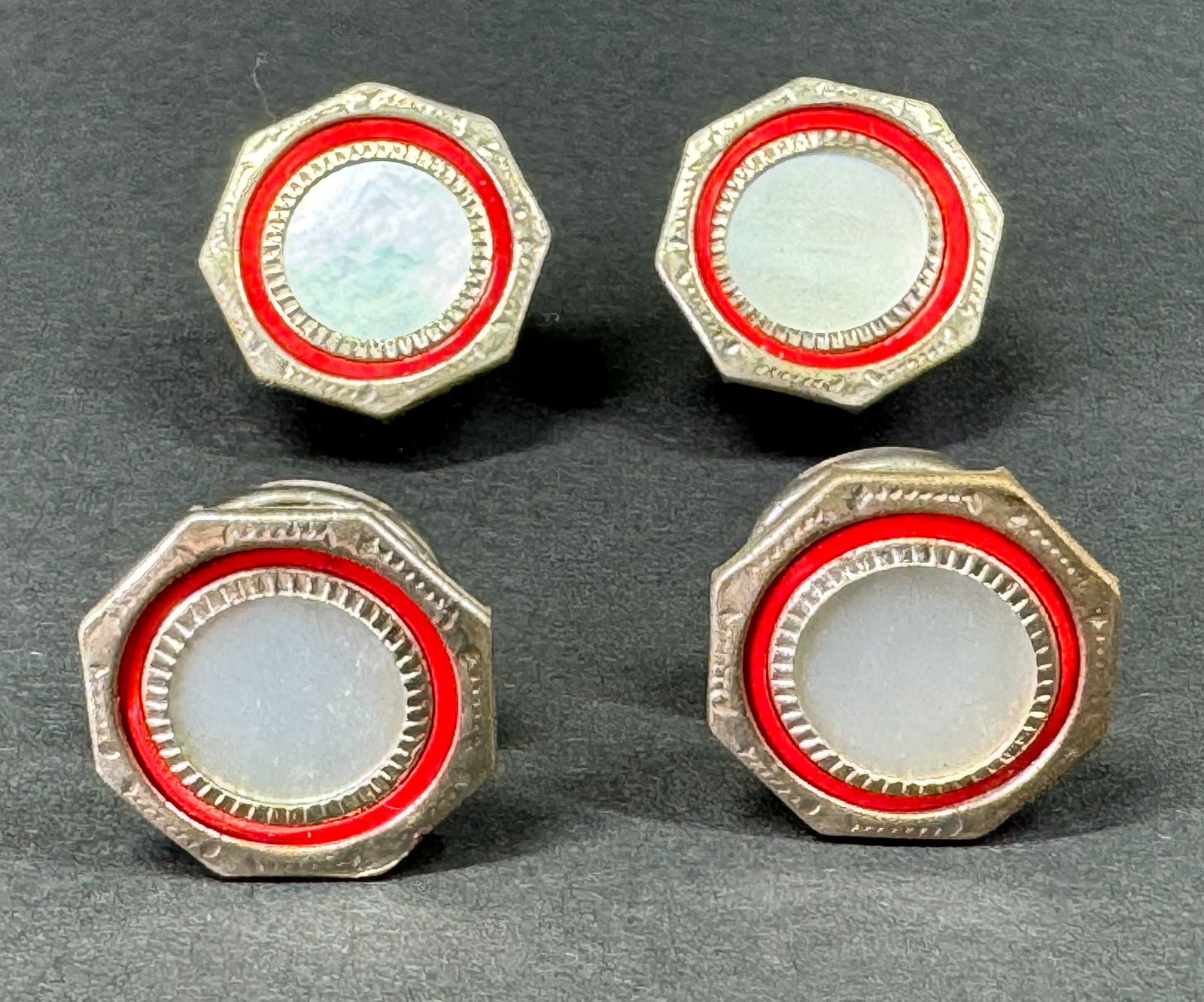 Vintage art deco double sided MOP red celluloid silvertone metal snap link cufflinks. (1 of 5)