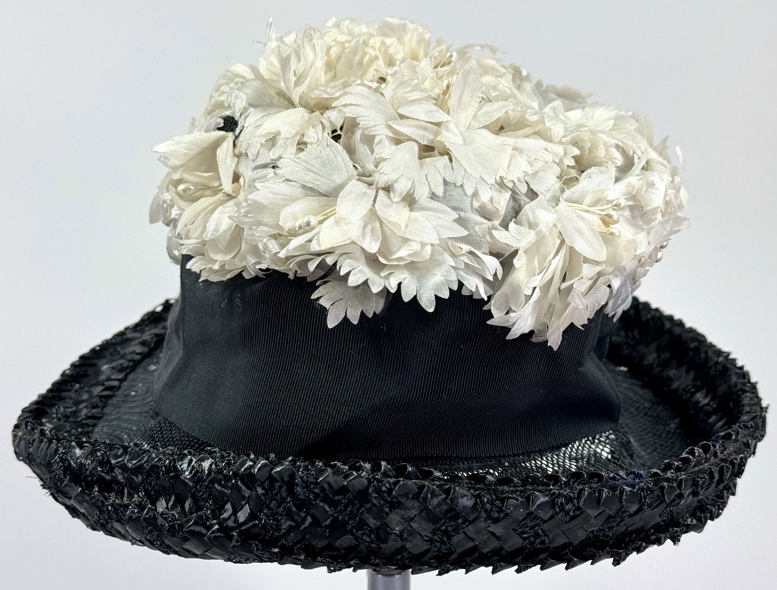 Vintage white pearly buds & fabric flowers black grosgrain ribbon raffia hat. (1 of 8)