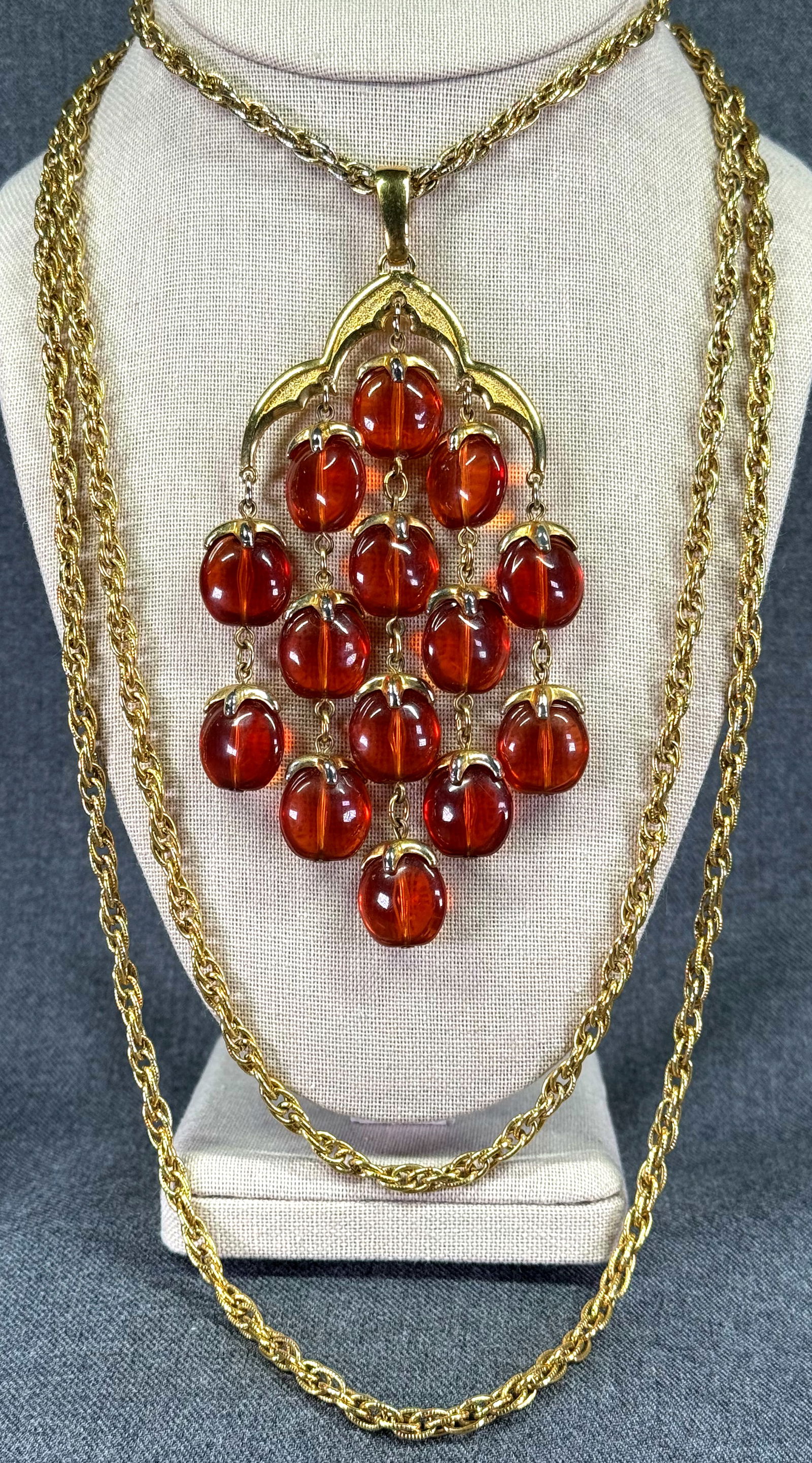 Vintage Crown Trifari Amber Color Lucite Waterfall Pendant Triple Chain Necklace (1 of 11)