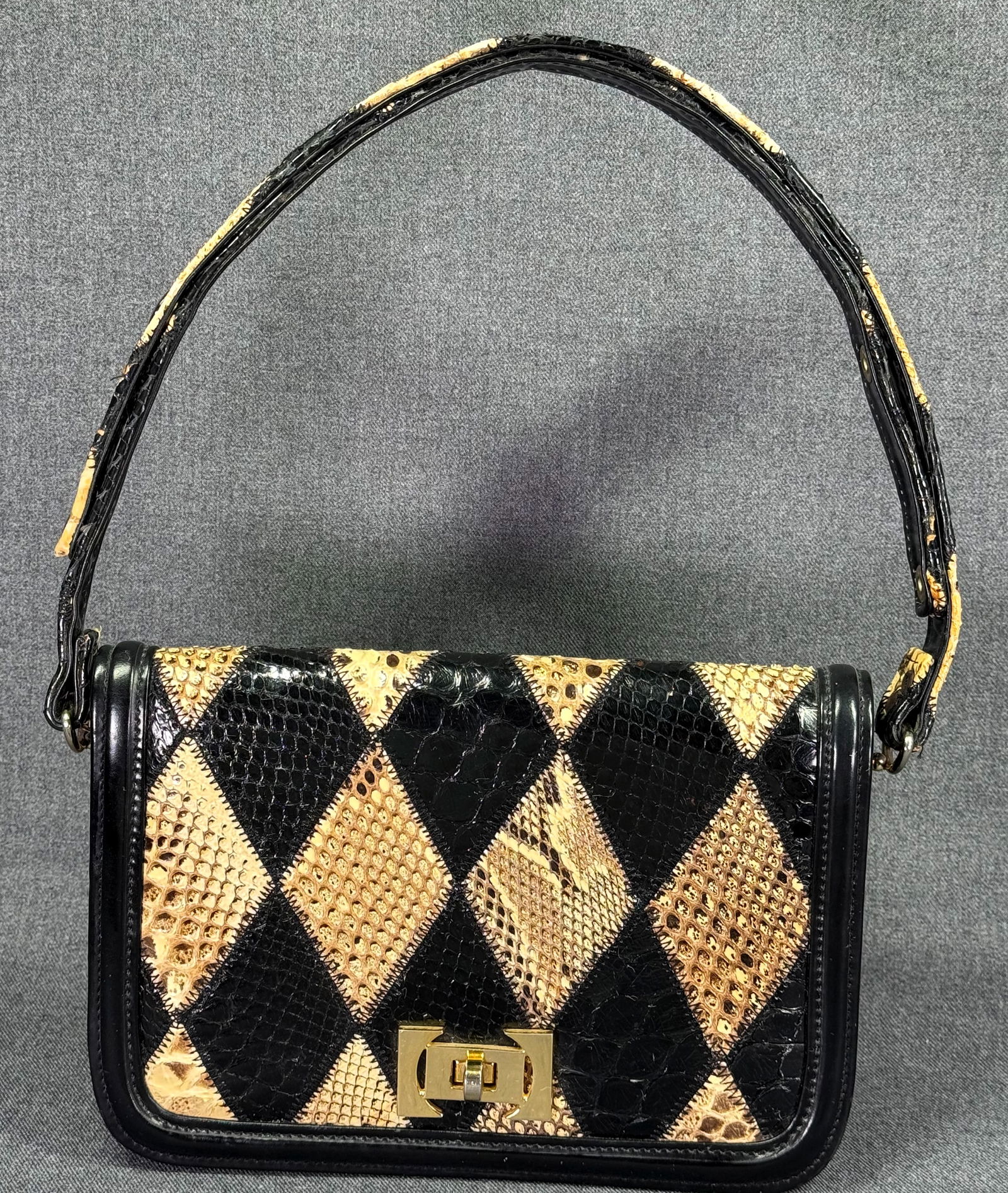Vintage 60s snake skin harlequin patchwork , black leather purse bag (1 of 11)