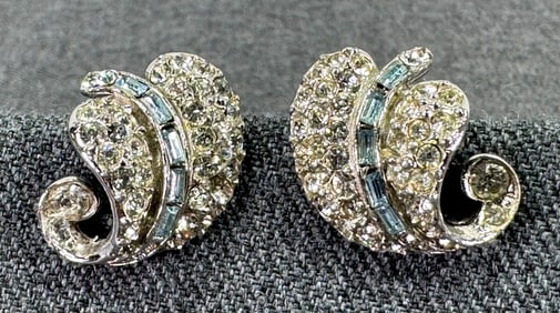 Vintage Bogoff sky blue & clear crystals silvertoned leaf clip earrings