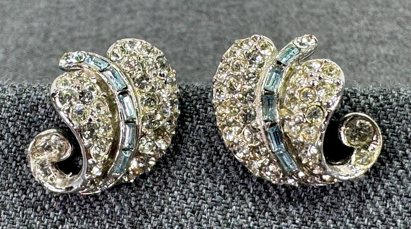 Vintage Bogoff sky blue & clear crystals silvertoned leaf clip earrings