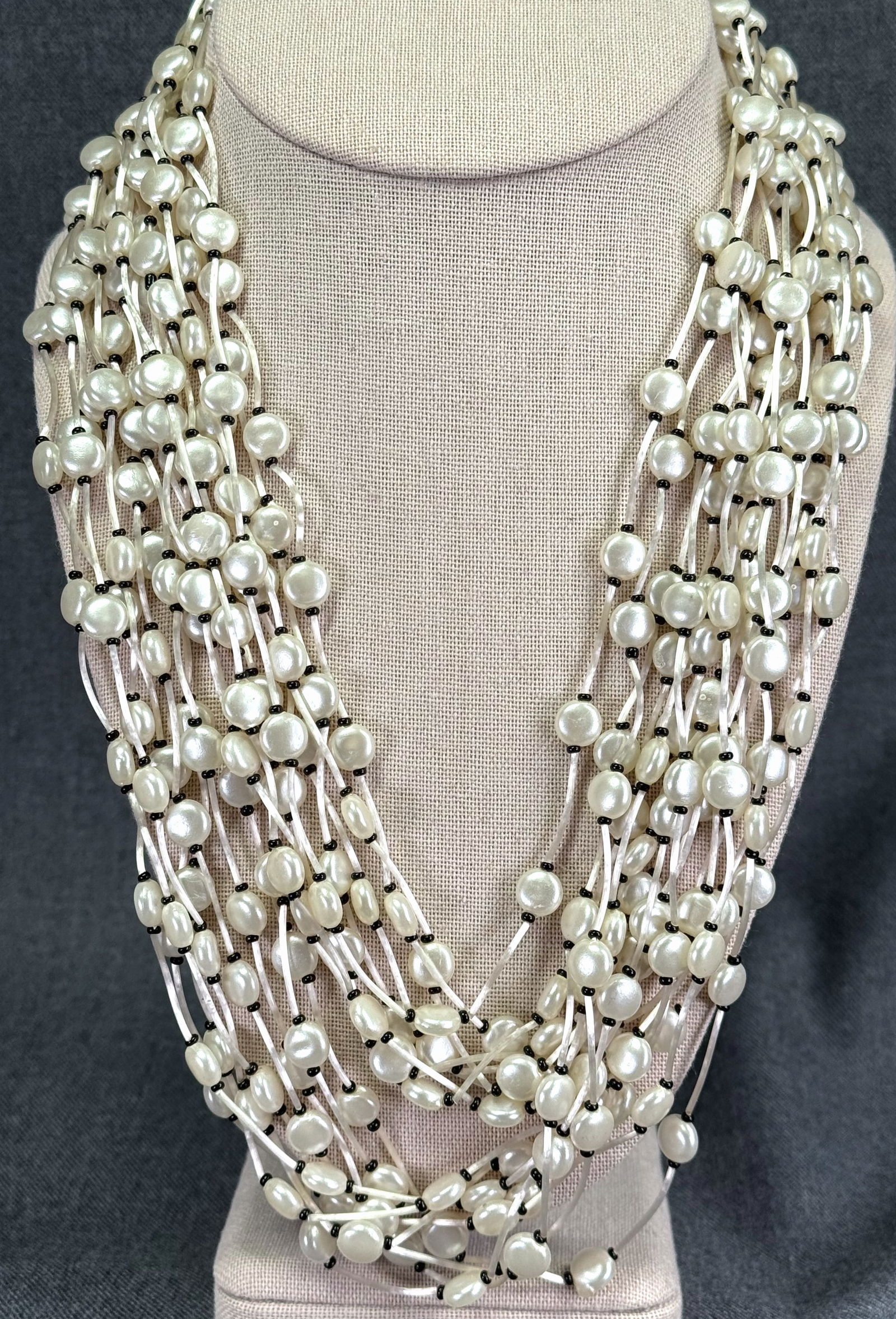Vintage W. Germany pearly spaghetti & pastille, black glass beads multi strand necklace (1 of 8)