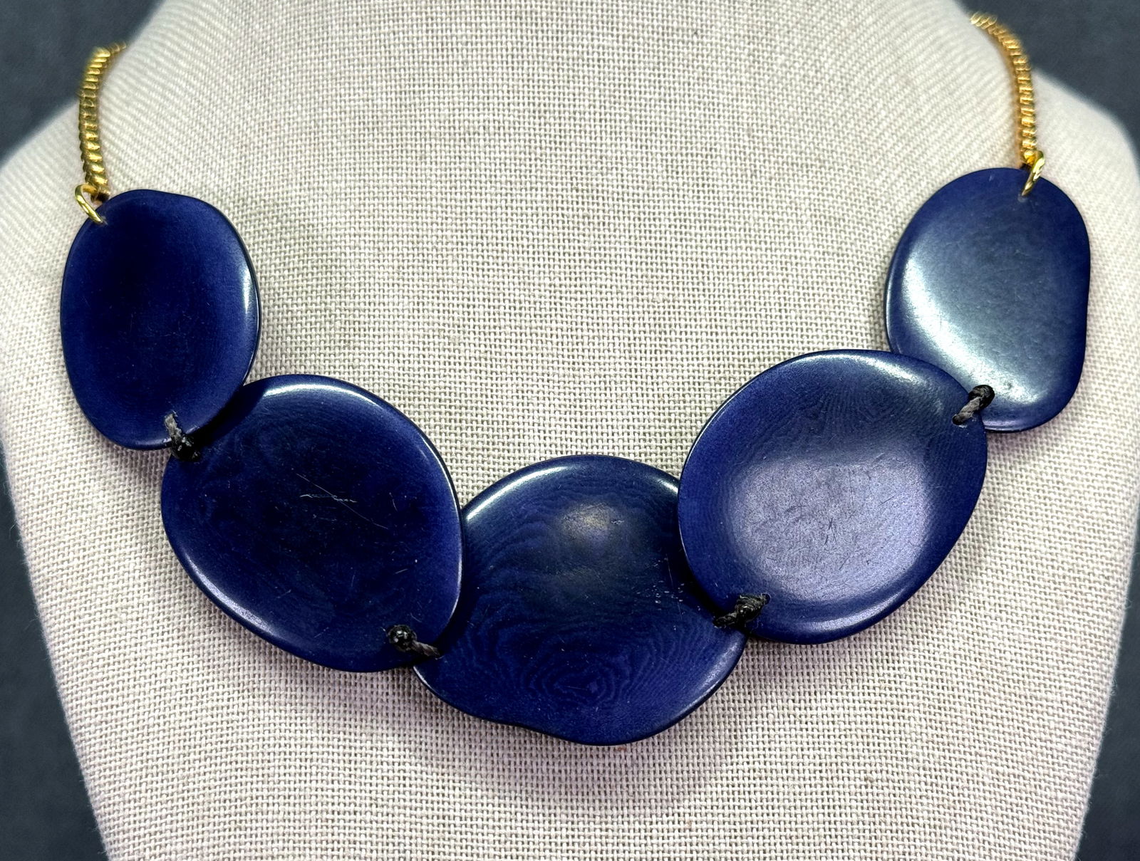 Artisan crafted dyed blue tagua nut beads necklace. Glass beads, goldtoned box chain (1 of 6)
