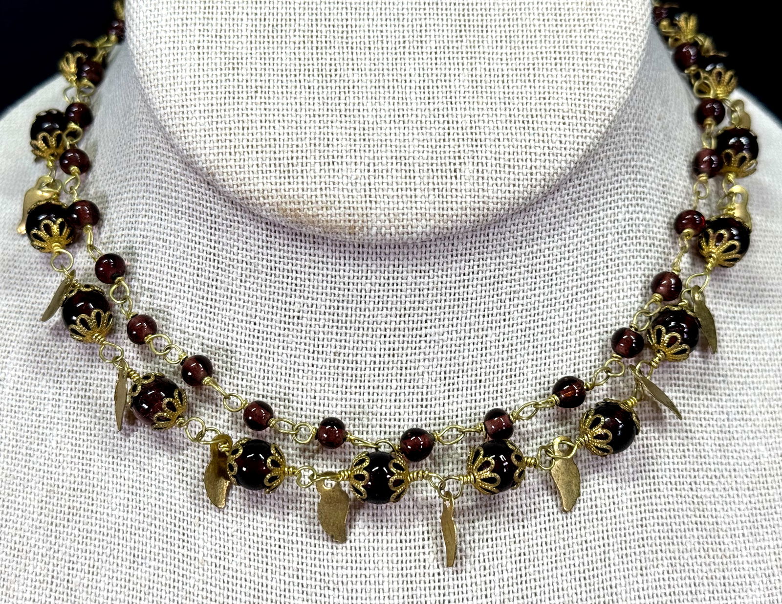 Vintage boho glass beads, goldtone metal filigree caps & dangles two strands necklace (1 of 8)