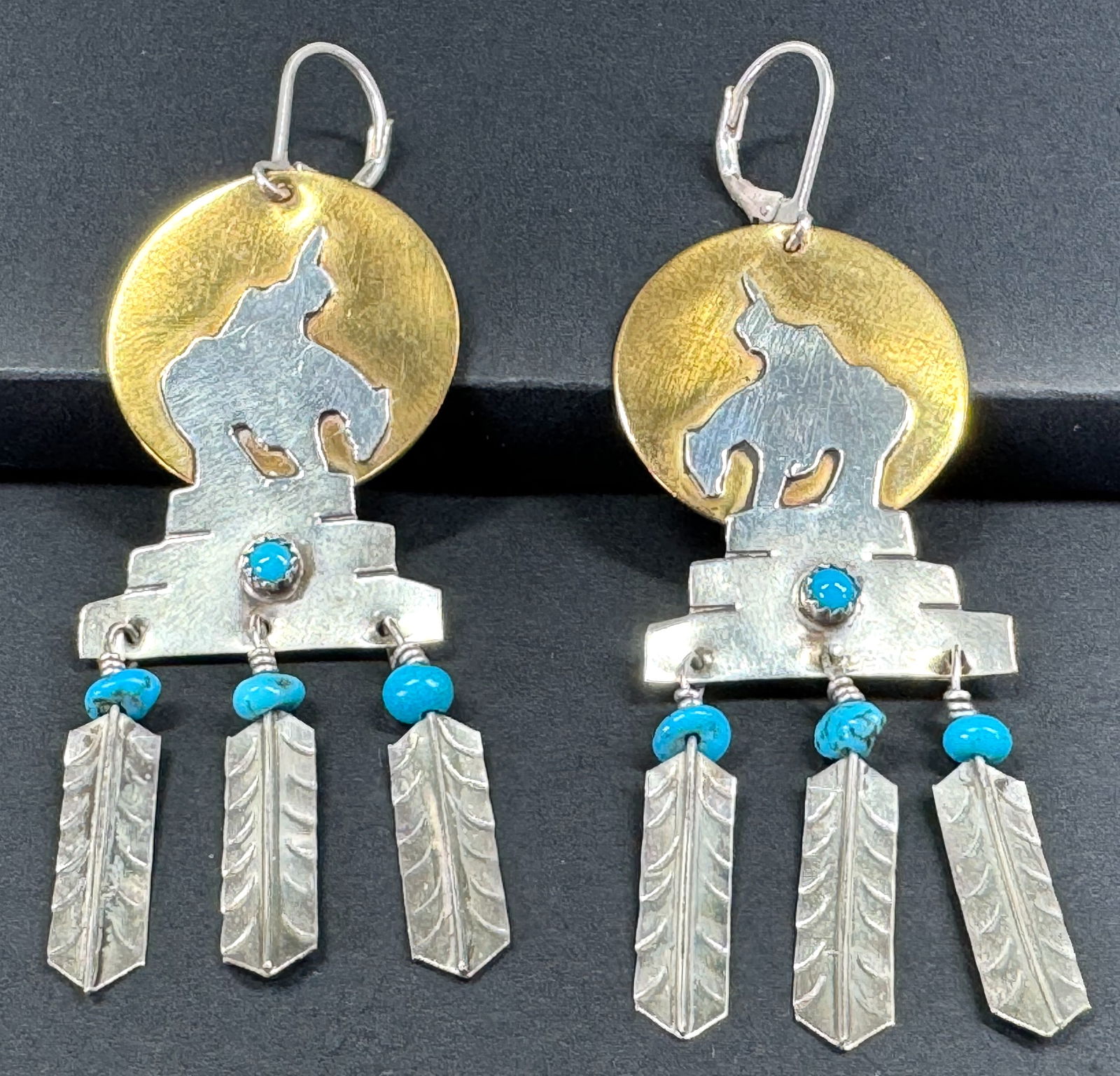 Vintage Southwestern Style indian on horse feather dangles hook earrings. (1 of 7)