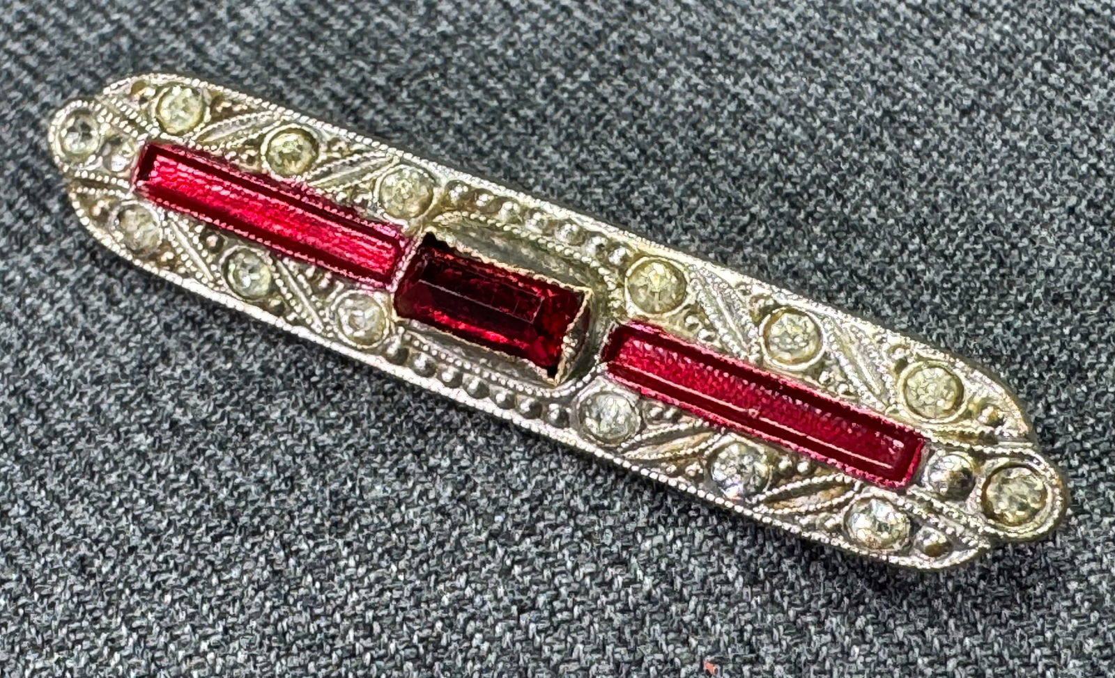 Vintage art deco crystals enamel silvertoned metal barrette brooch pin (1 of 5)