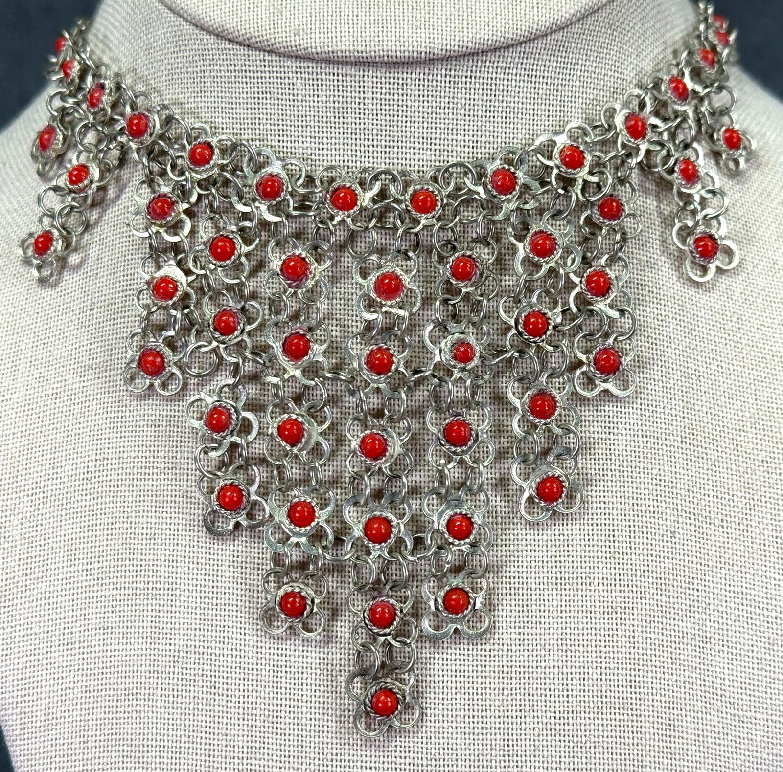 Vintage ethnic style mesh flowers bib collar necklace. Coral color plastic cabs silvertoned metal  l (1 of 5)