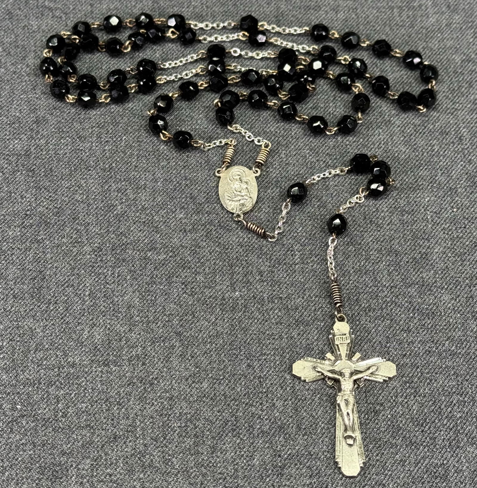 Vintage French mourning black crystals beads sterling silver rosary (1 of 12)