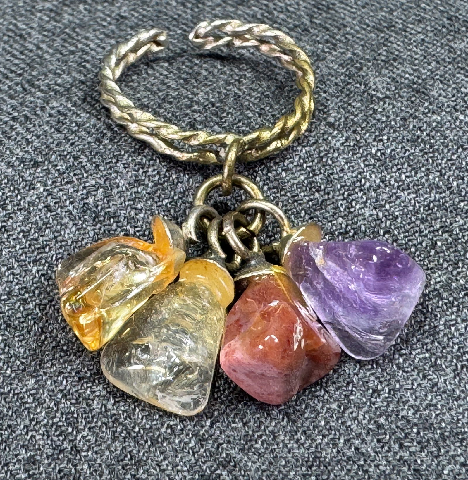 Vintage artisan crafted agate, quartz & amethyst stone dangles silvertone adjustable ring (1 of 6)