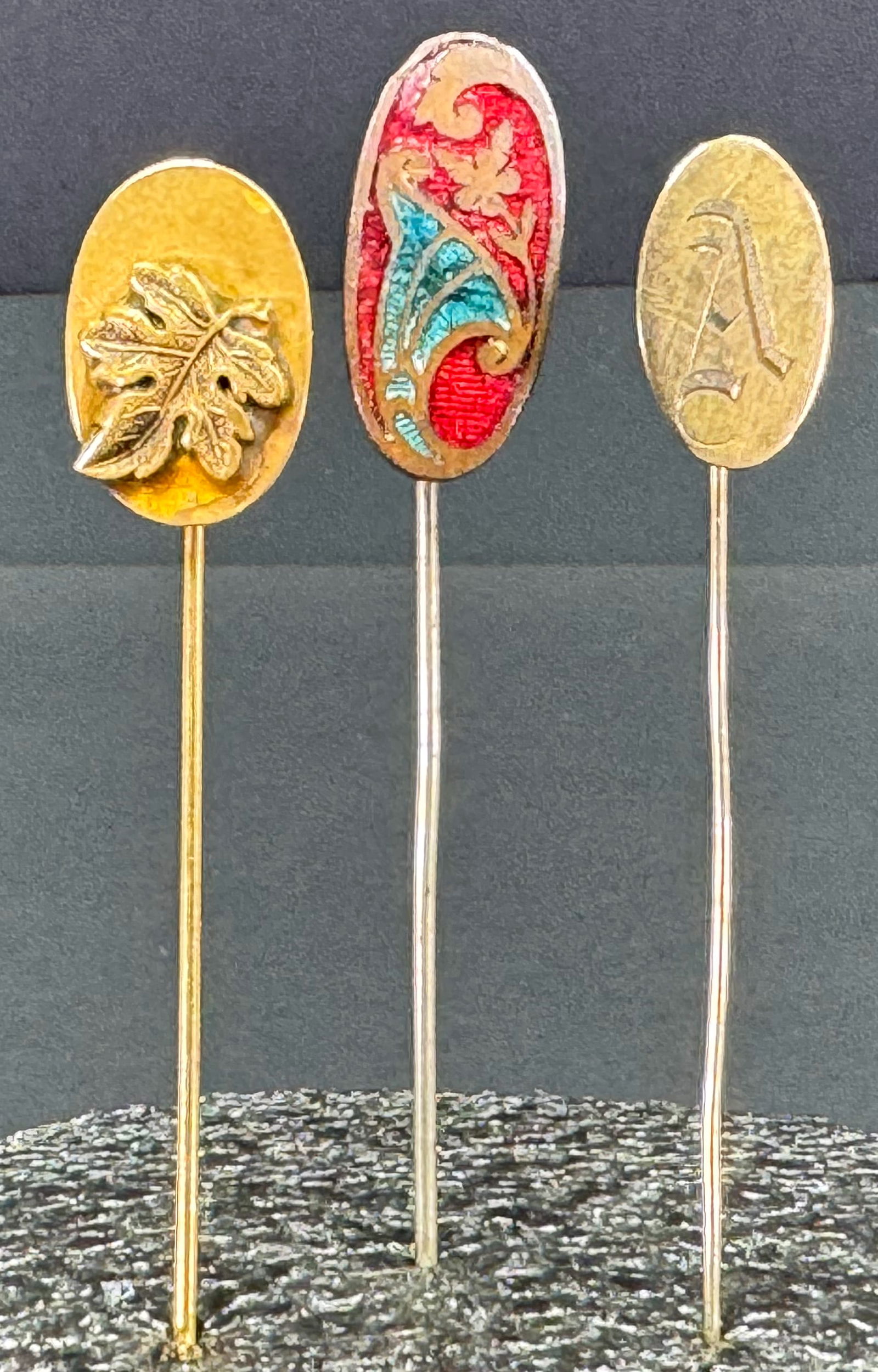 Vintage enamel cornucopia, letter A and leaf assorted stick pins. Lot of 3. (1 of 8)