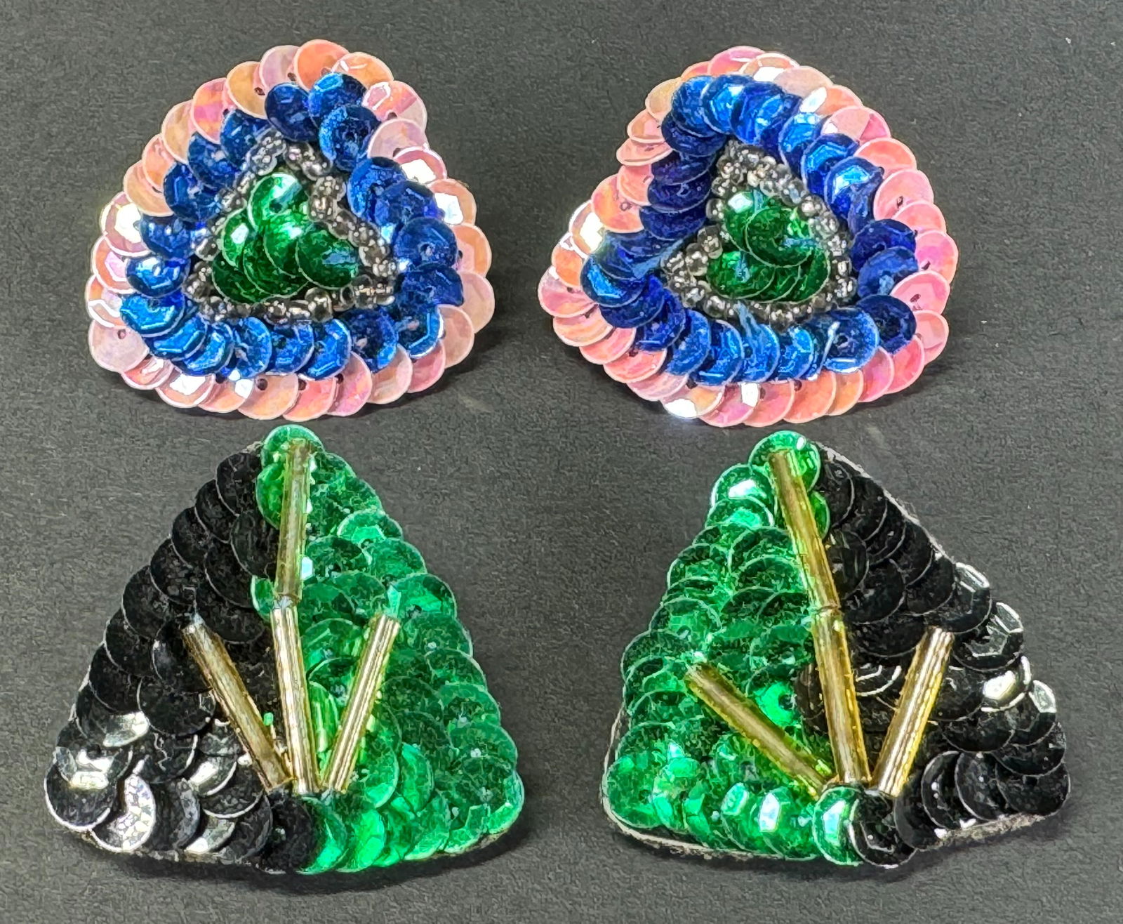 Vintage hand embroidery sequins and beads heart & triangle stud earrings. (1 of 7)