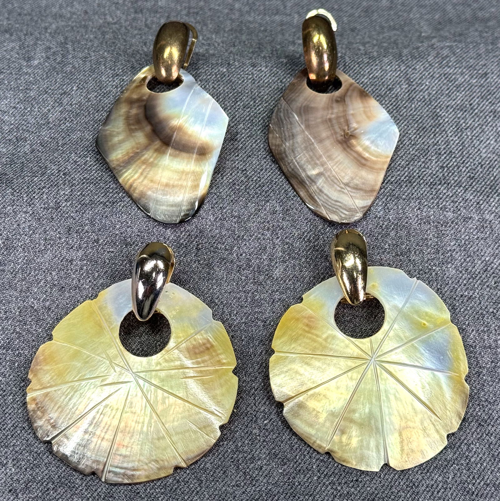 Vintage carved mother of pearl goldtone metal oversized pierced clip earrings. Lot of 2 (1 of 6)