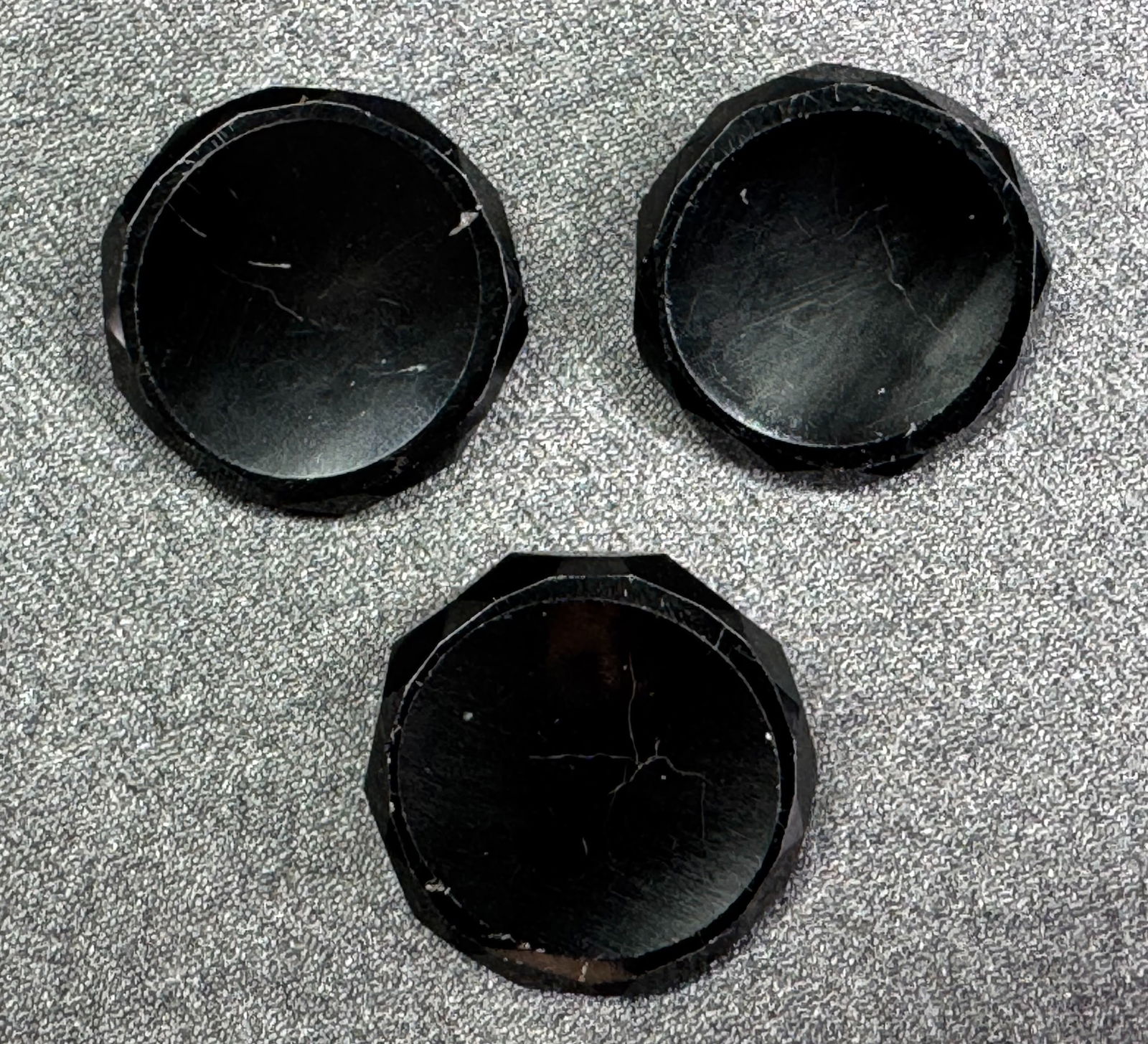 Antique Victorian Edwardian mourning faceted rim black glass buttons. Lot of 3 (1 of 4)