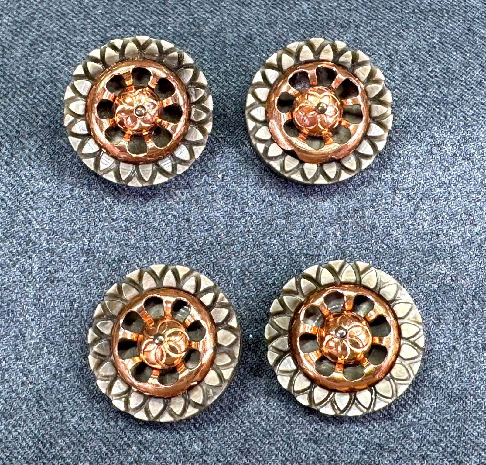 Vintage art deco copper filigree applique carved galalith flower buttons. Lot of 4 (1 of 4)