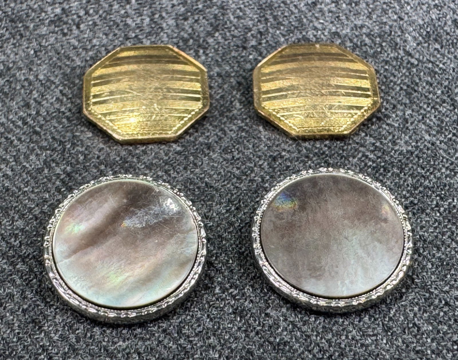 Vintage unbranded stripped nd Krementz abalone inlay gold filled buttons . Lot of 4: Vintage unbranded stripped nd Krementz abalone inlay gold filled buttons . Lot of 4. The Krementz are marked. For measures please refer to the pictures taken with a measuring tape. IN HOUSE Estimated*