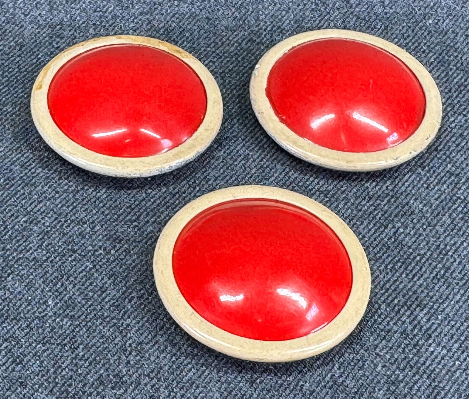 Antique Vintage art deco red celluloid creamy enamel metal trim tin back buttons. Lot of 3 (1 of 5)