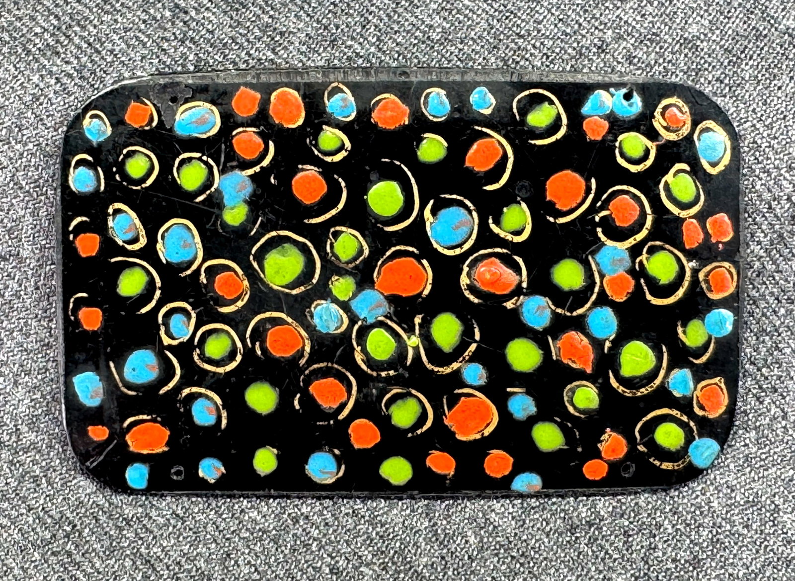 Antique art deco hand painted black celluloid applique for jewelry craft making: Antique art deco hand painted black celluloid applique for jewelry craft making. Four tiny holes for apply. Old paper label on the back. Unmarked. For measures please refer to the picture taken with a