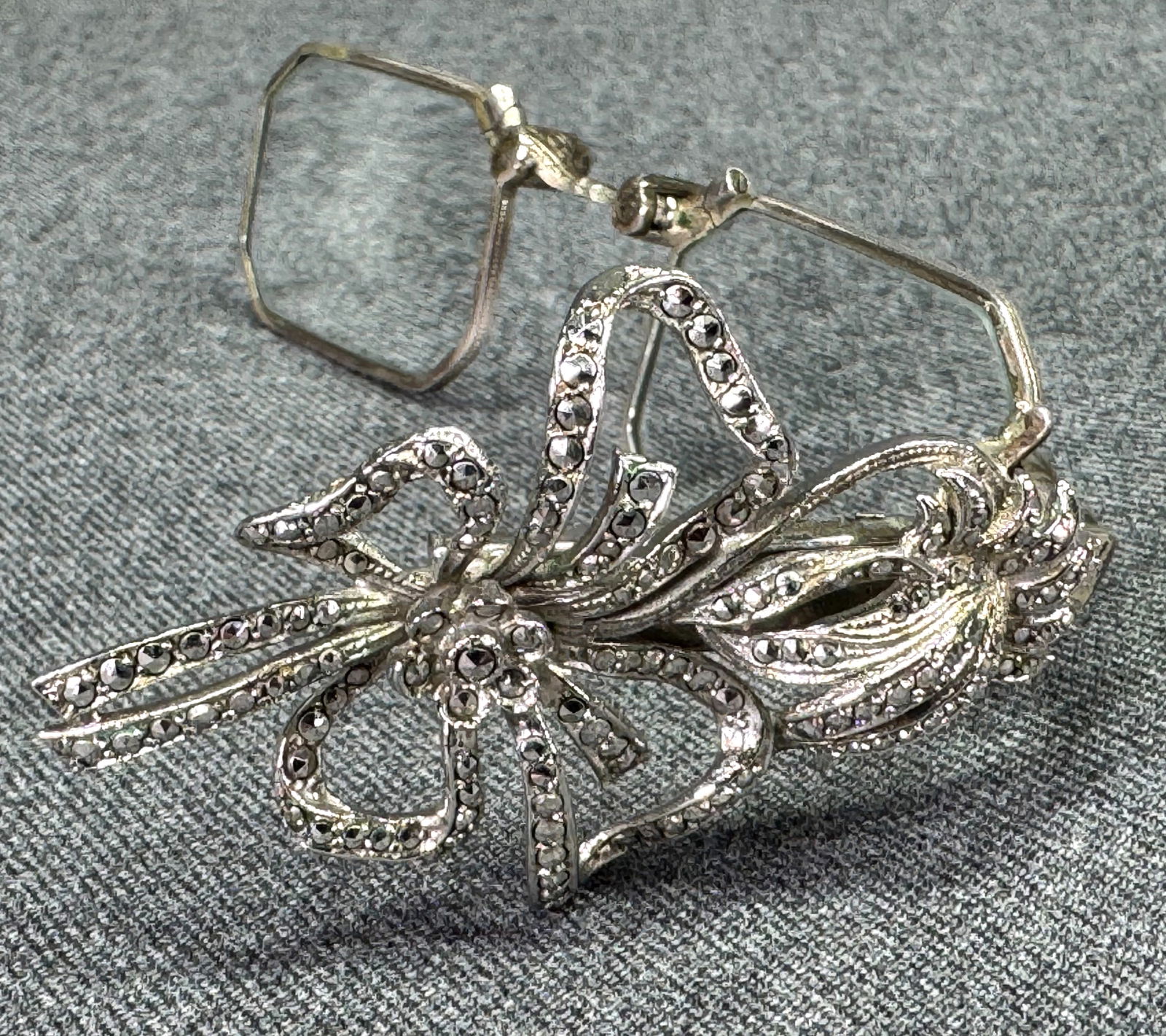 Vintage W Germany 835 silver folding lorgnette opera glasses dress clip. Jeweled marcasites floral (1 of 20)