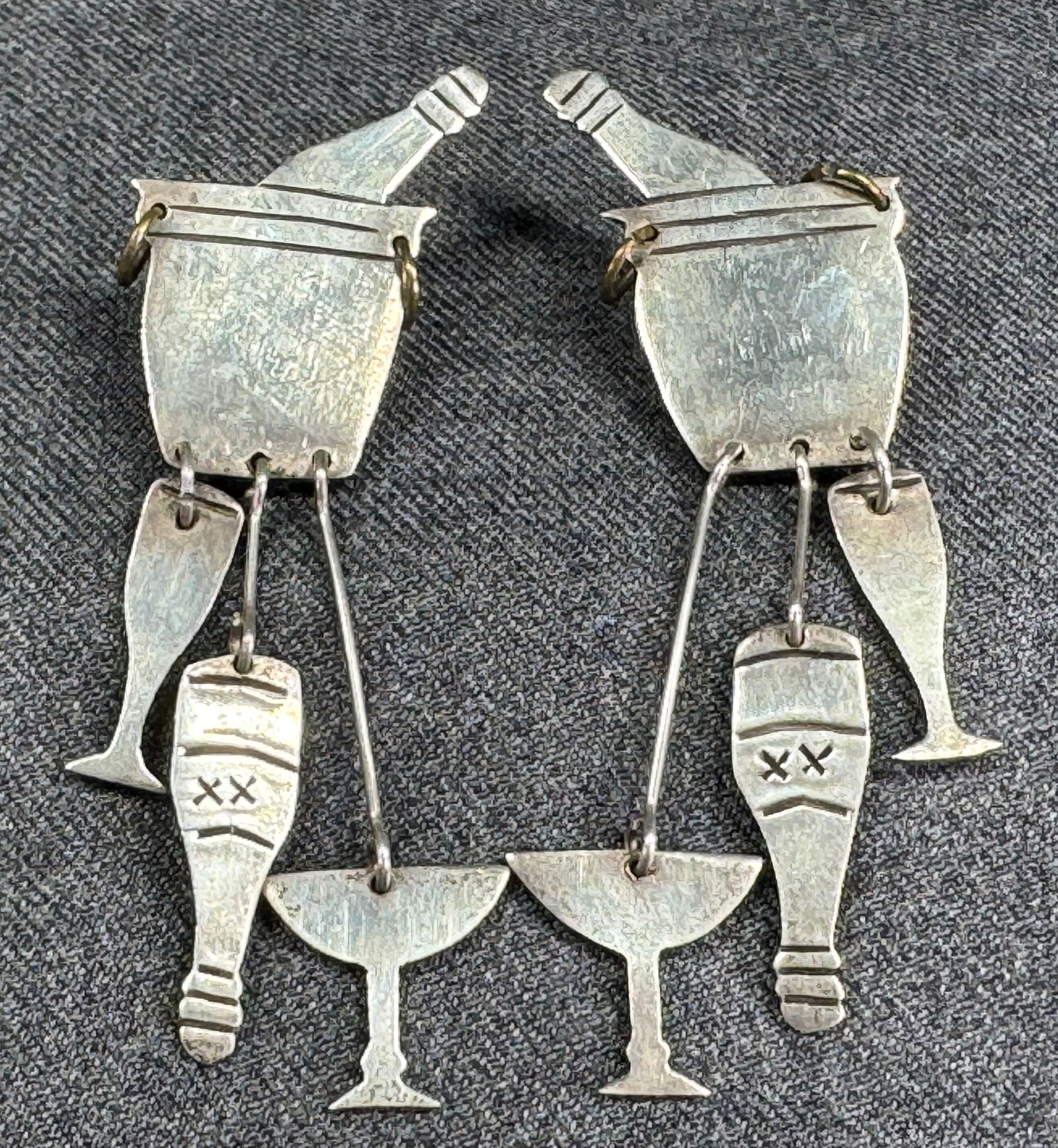 Vintage Taxco Mexico sterling silver champagne bottle with dangling glasses oversized earrings (1 of 6)