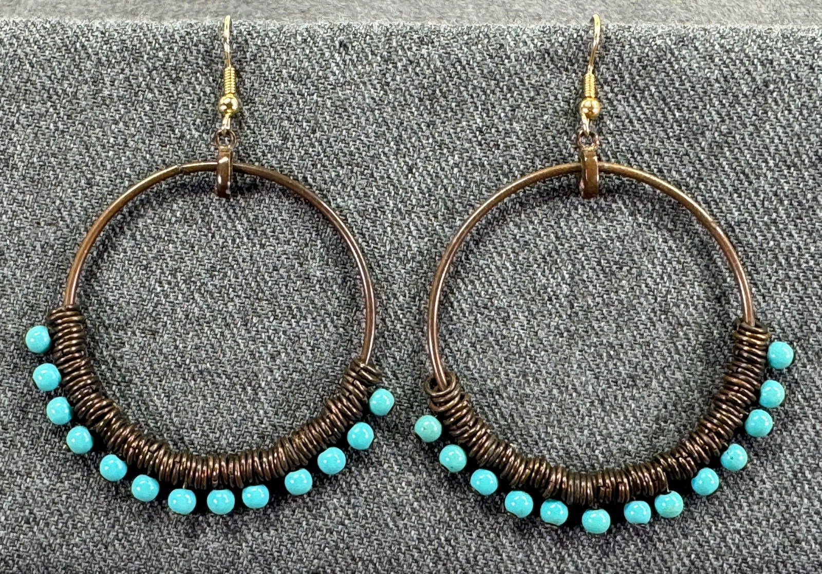 Vintage ethnic style turquoise glass bead dangles hoop hook earrings (1 of 6)
