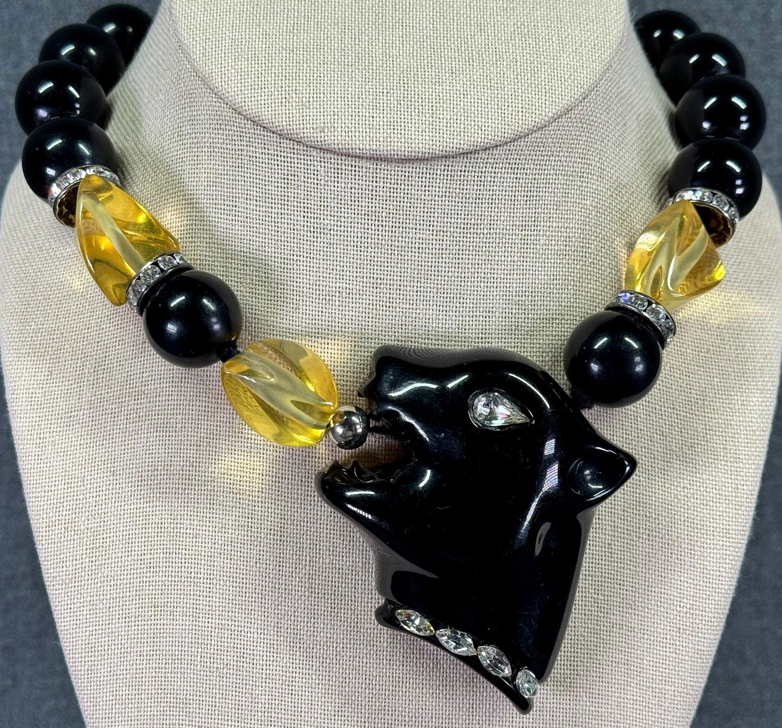 Vintage Angela Caputi clear crystals black resin panther necklace. EZ Milano clasp (1 of 12)